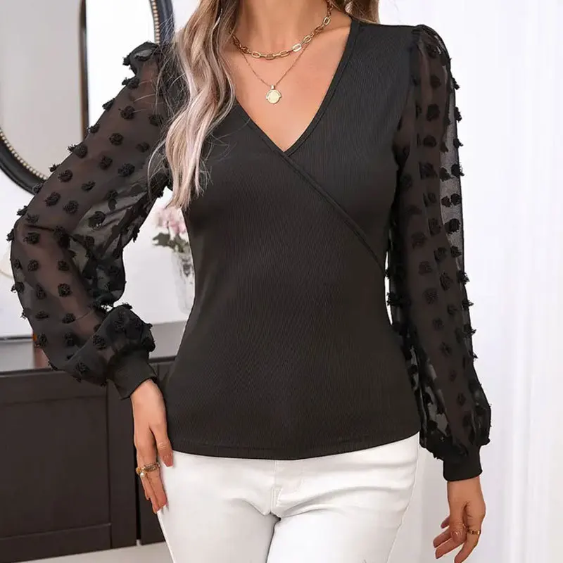 Women'S New Elegant Jacquard Fabric Elastic Top Slim Fit Perspective V-Neck Bubble Sleeve Long Sleeved T-Shirt
Women'S New Elegant Jacquard Fabric Elastic Top Slim Fit Perspective V-Neck Bubble Sleeve Long Sleeved T-Shirt