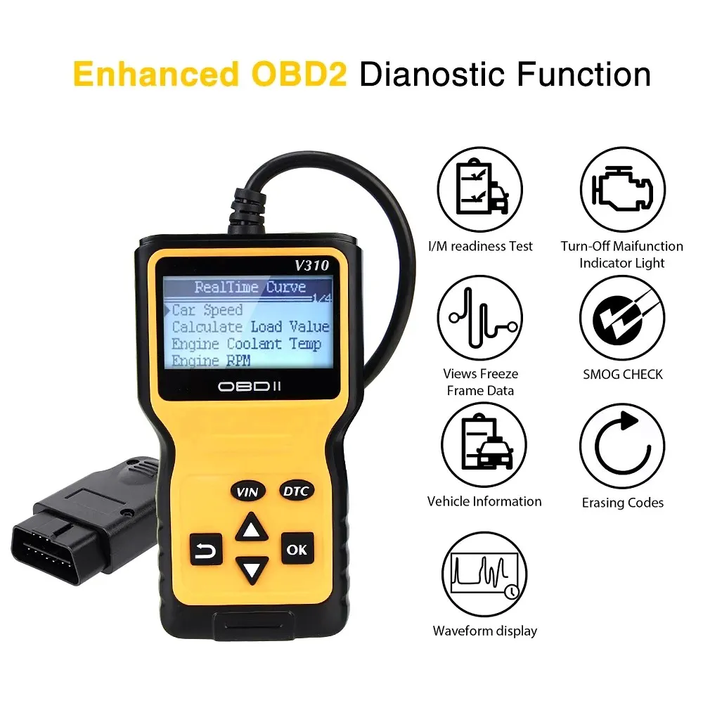 V310 OBD2 Code Reader Digital Display ELM 327OBD2 Scanner Car Auto Diagnostic Tool EOBD Clear Engine Fault Scan Tool Repair Kit
V310 OBD2 Code Reader Digital Display ELM 327OBD2 Scanner Car Auto Diagnostic Tool EOBD Clear Engine Fault Scan Tool Repair Kit