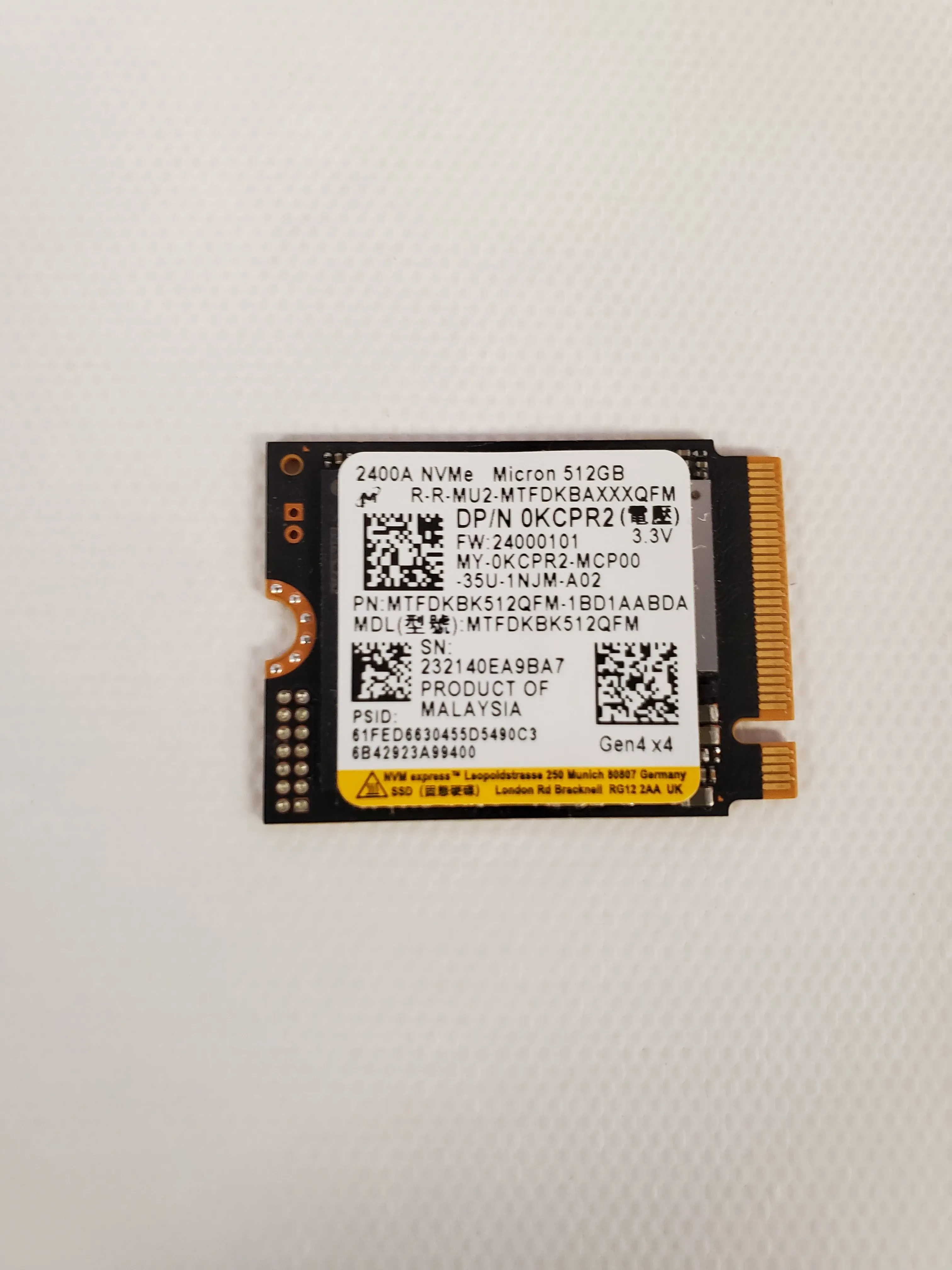 Твердотельный накопитель Dell KCPR2 (Micron MTFDKBK512QFM) 512 ГБ — M2 2230 — PCIe NVMe Gen 40 x4 — TLC — внутренний — используемый, как новый
Твердотельный накопитель Dell KCPR2 (Micron MTFDKBK512QFM) 512 ГБ — M2 2230 — PCIe NVMe Gen 40 x4 — TLC — внутренний — используемый, как новый