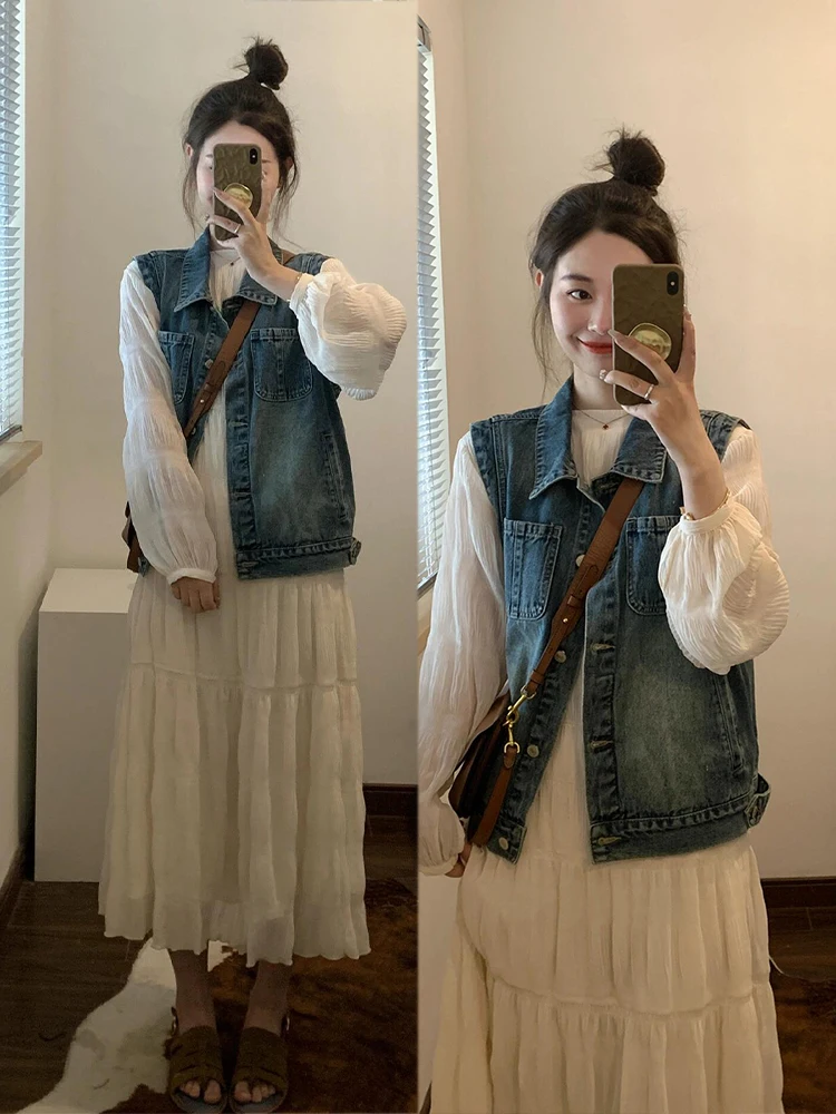 Summer New plus Size Women's Korean College Style White Denim Vest Dress Set Breathable Long Sleeve Neck Loose Fit
Summer New plus Size Women's Korean College Style White Denim Vest Dress Set Breathable Long Sleeve Neck Loose Fit