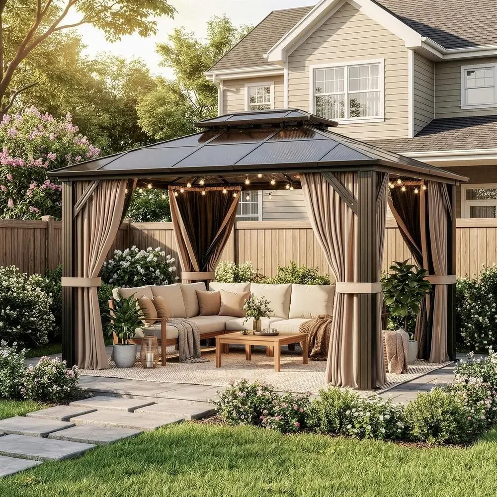 10'x12' Hardtop Gazebo, Outdoor Polyte Roo , e Permanent Pavilion with Curtains and Netting, or Garden, Patio, Lawns
10'x12' Hardtop Gazebo, Outdoor Polyte Roo , e Permanent Pavilion with Curtains and Netting, or Garden, Patio, Lawns