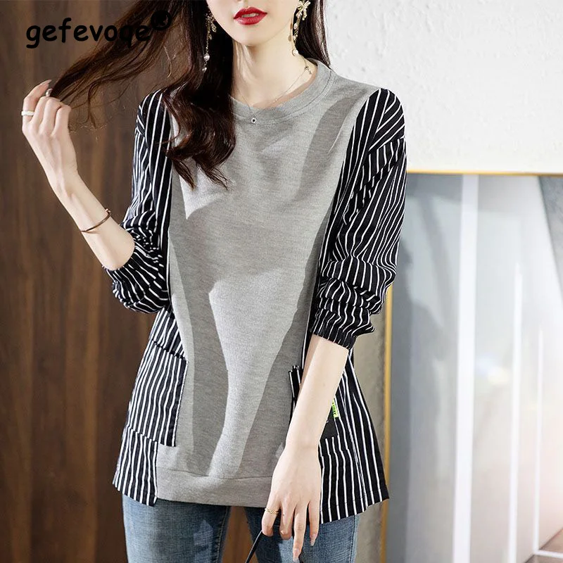Autumn Winter Women's Clothing Thick /Regular Crew Neck Grey Loose T-Shirt Double Pockets Striped Print Long Sleeve Pullovers
Autumn Winter Women's Clothing Thick /Regular Crew Neck Grey Loose T-Shirt Double Pockets Striped Print Long Sleeve Pullovers