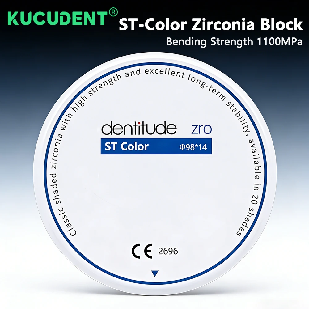ST-Color Zirconia Disc 98mm A1/A2/A3 Open CAD/CAM System 1100MPa Dental Zirconia Block Crown Bridge Material 43% Translucency
ST-Color Zirconia Disc 98mm A1/A2/A3 Open CAD/CAM System 1100MPa Dental Zirconia Block Crown Bridge Material 43% Translucency