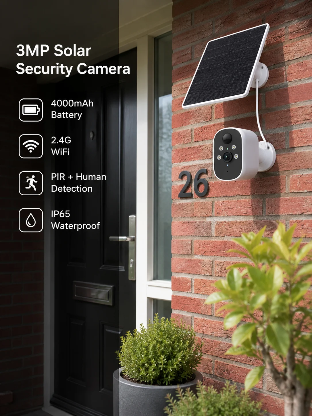 3MP Solar Security Camera Wireless Outdoor, 4000mAh Battery, Bluetooth Pairing, PIR 8m Detection, 4 LED Night Vision, IP65
3MP Solar Security Camera Wireless Outdoor, 4000mAh Battery, Bluetooth Pairing, PIR 8m Detection, 4 LED Night Vision, IP65