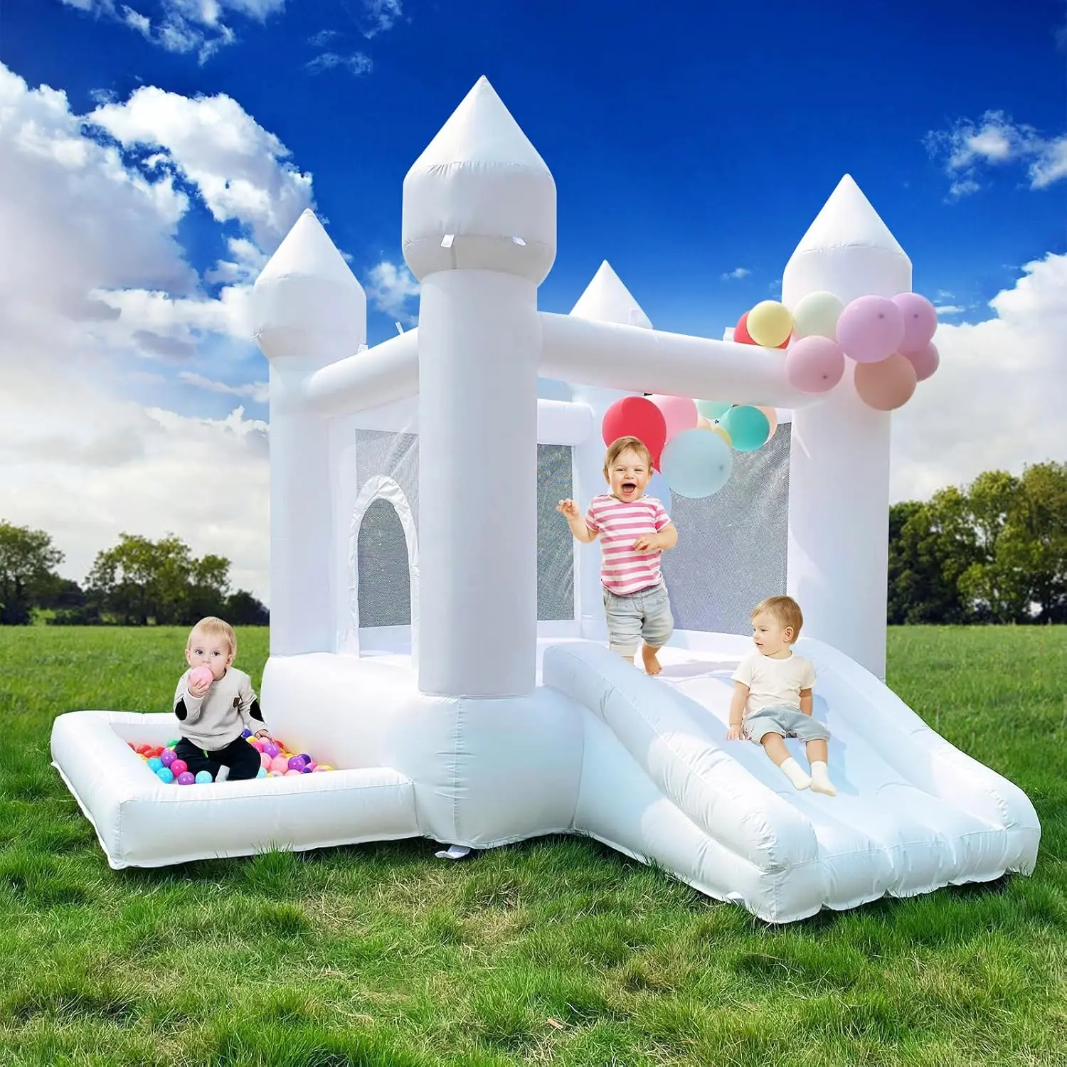 White Bounce House for Kid with Slide Ball Pit Blower Oxford White Castle 108 x108 x 84 inch Kid Birthday Party Playhouse Gift
White Bounce House for Kid with Slide Ball Pit Blower Oxford White Castle 108 x108 x 84 inch Kid Birthday Party Playhouse Gift