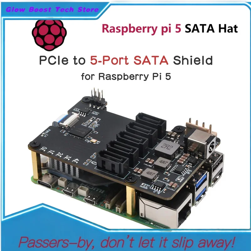 Glow Raspberry Pi 5 X1009 PCIe To 5-Port Shield SATA HAT Expansion Board (NOT Support Boot Rom HDD/SSD)