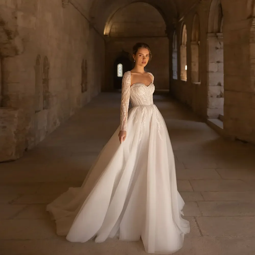 Sweetheart Collar Tulle A-line Boho Wedding Party Dress Zipper Court Detachable Sleeve Wedding Gown with Sequins Lace Customized
Sweetheart Collar Tulle A-line Boho Wedding Party Dress Zipper Court Detachable Sleeve Wedding Gown with Sequins Lace Customized