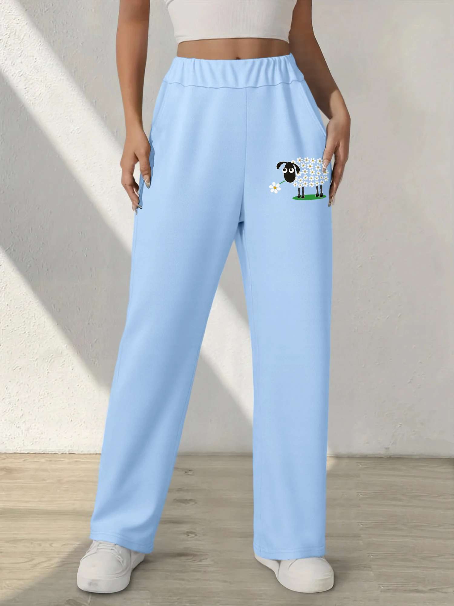 Sheep with Daisy Print Casual Pants, High Waist Straight Leg Trousers, Cute Elastic Waist Loungewear Bottoms
Sheep with Daisy Print Casual Pants, High Waist Straight Leg Trousers, Cute Elastic Waist Loungewear Bottoms