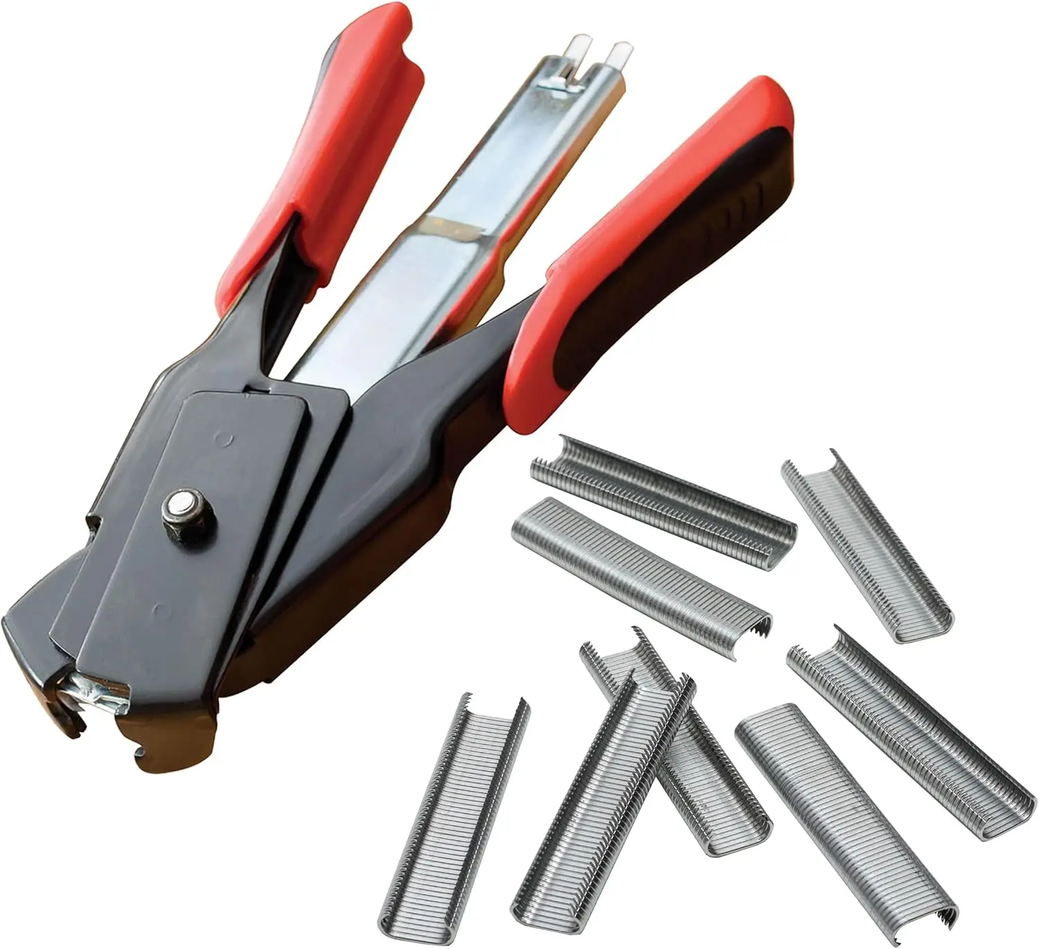 Spring-Loaded Hog Ring Pliers with 100 Galvanized Steel Rings, Red and Black Design for Easy Use