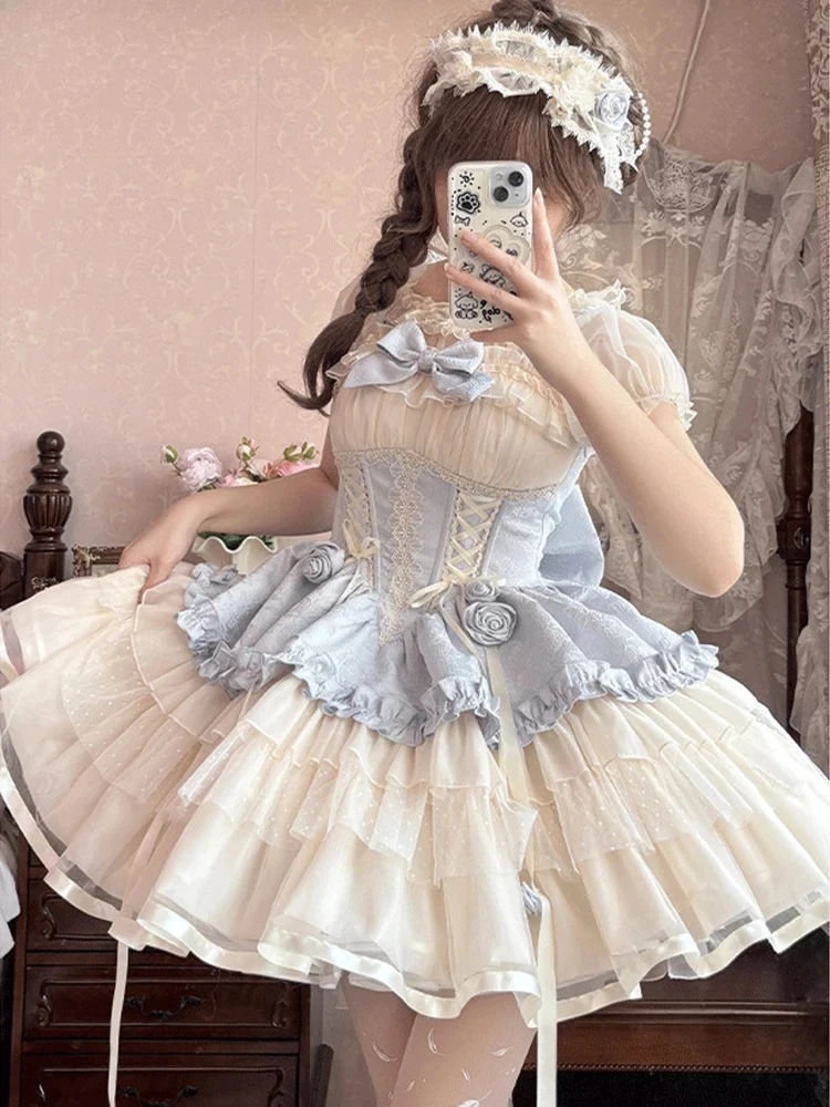 Summer Sweet Cute Girls Lace-up Bow Slimming JSK Short Tutu Dresses Japanese Original Lolita High Waist Suspender Dress
Summer Sweet Cute Girls Lace-up Bow Slimming JSK Short Tutu Dresses Japanese Original Lolita High Waist Suspender Dress