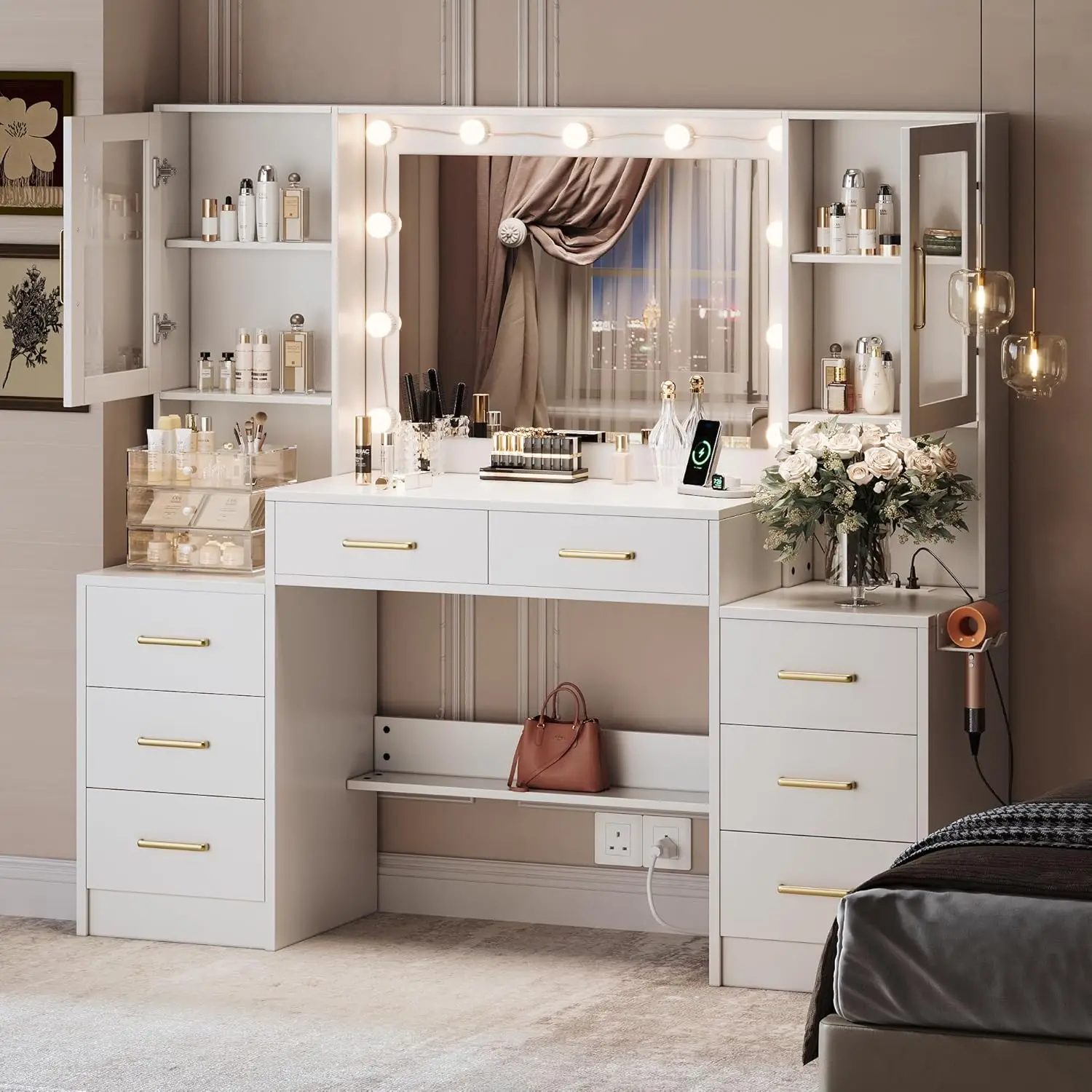 58.3" Large Vanity Desk with Mirror & Lights, Makeup Vanity with 10 LED Lights, 8 Metal Sliding Drawers & 2 Cabinets
58.3" Large Vanity Desk with Mirror & Lights, Makeup Vanity with 10 LED Lights, 8 Metal Sliding Drawers & 2 Cabinets