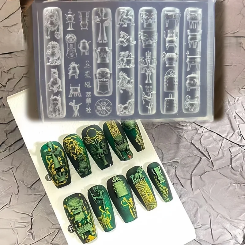 1 Pc Chinese-Style Nail Art Mold Sanxingdui Mask Bronze Ware Divine Beast Template 3D Nail Decoration Carved Nail Art Mold
1 Pc Chinese-Style Nail Art Mold Sanxingdui Mask Bronze Ware Divine Beast Template 3D Nail Decoration Carved Nail Art Mold