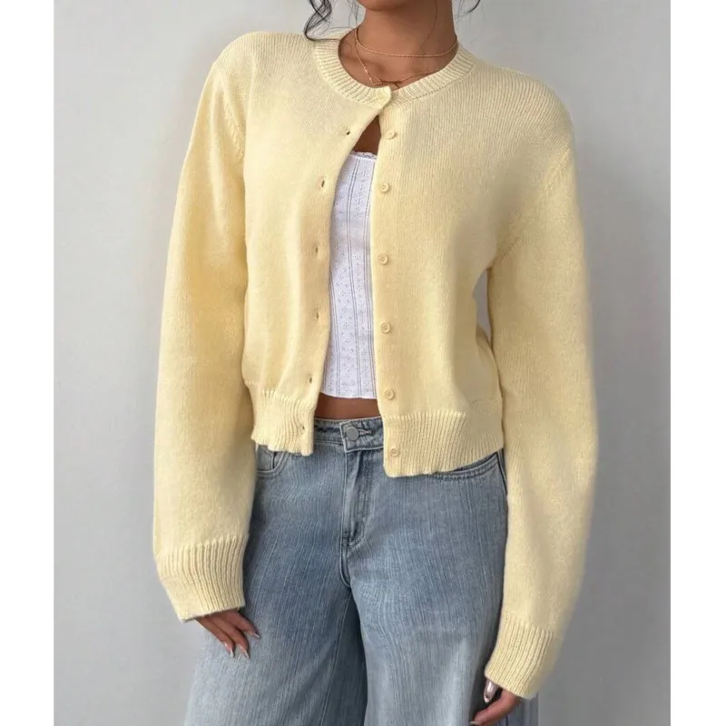 Женский элегантный однотонный вязаный свитер с круглым вырезом и длинным рукавом, однобортный короткий кардиган, осенний повседневный офисный женский джемпер, пальто 
Женский элегантный однотонный вязаный свитер с круглым вырезом и длинным рукавом, однобортный короткий кардиган, осенний повседневный офисный женский джемпер, пальто