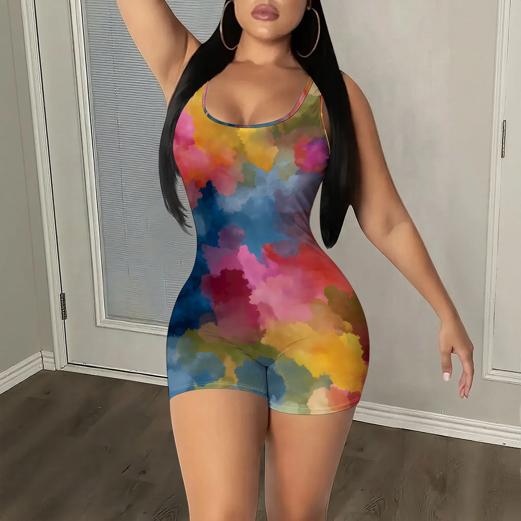 Colorful Print Sleeveless Romper, Abstract Art Jumpsuit, Tie Dye Playsuit for Women, Beach Party Outfit S-2XL
Colorful Print Sleeveless Romper, Abstract Art Jumpsuit, Tie Dye Playsuit for Women, Beach Party Outfit S-2XL