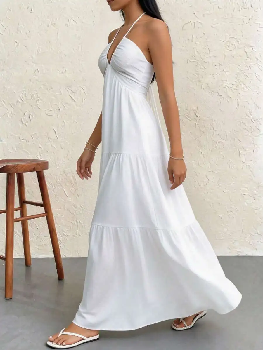 White Solid Halter Backless Tiered Maxi Dress For Summer Beach Vacation Casual Wear
White Solid Halter Backless Tiered Maxi Dress For Summer Beach Vacation Casual Wear