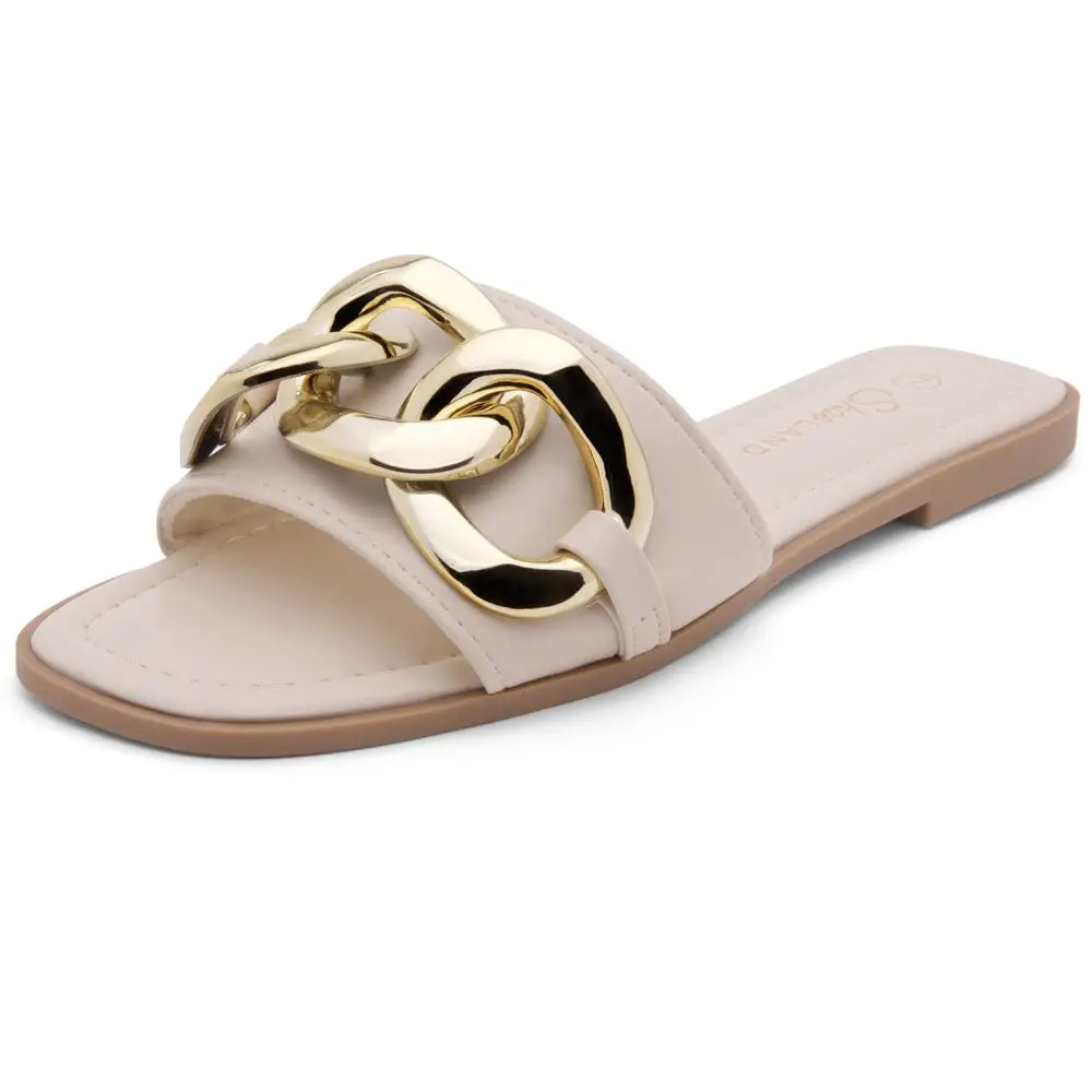 Flat Sandals for Women, Dressy Slides with Metal Chain, Square Open Toe Single Band, Cushioned Footbed Summer Sandals
Flat Sandals for Women, Dressy Slides with Metal Chain, Square Open Toe Single Band, Cushioned Footbed Summer Sandals