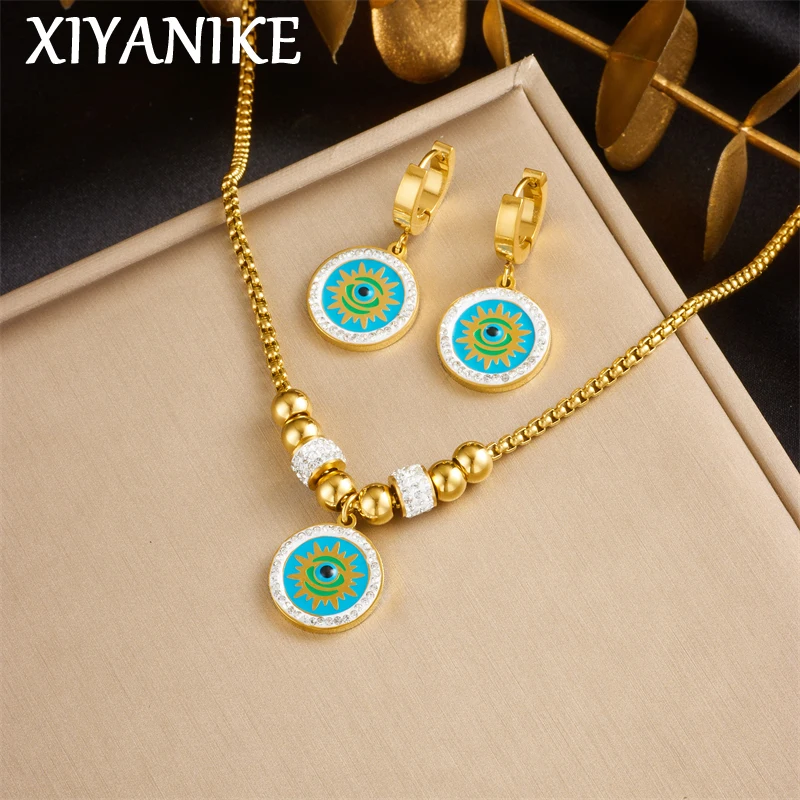 XIYANIKE 316L Stainless Steel Round Turkey Luxury Zircon Evil Eye Necklace earrings Set For Women Fashion Party Jewelry Gifts
XIYANIKE 316L Stainless Steel Round Turkey Luxury Zircon Evil Eye Necklace earrings Set For Women Fashion Party Jewelry Gifts