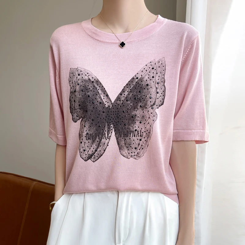 Women's T-shirt Summer 100% Laisai Knitted Casual Printed Sweater Short Sleeve Round Neck Pullover Loose Hot Diamond Women's Top
Women's T-shirt Summer 100% Laisai Knitted Casual Printed Sweater Short Sleeve Round Neck Pullover Loose Hot Diamond Women's Top