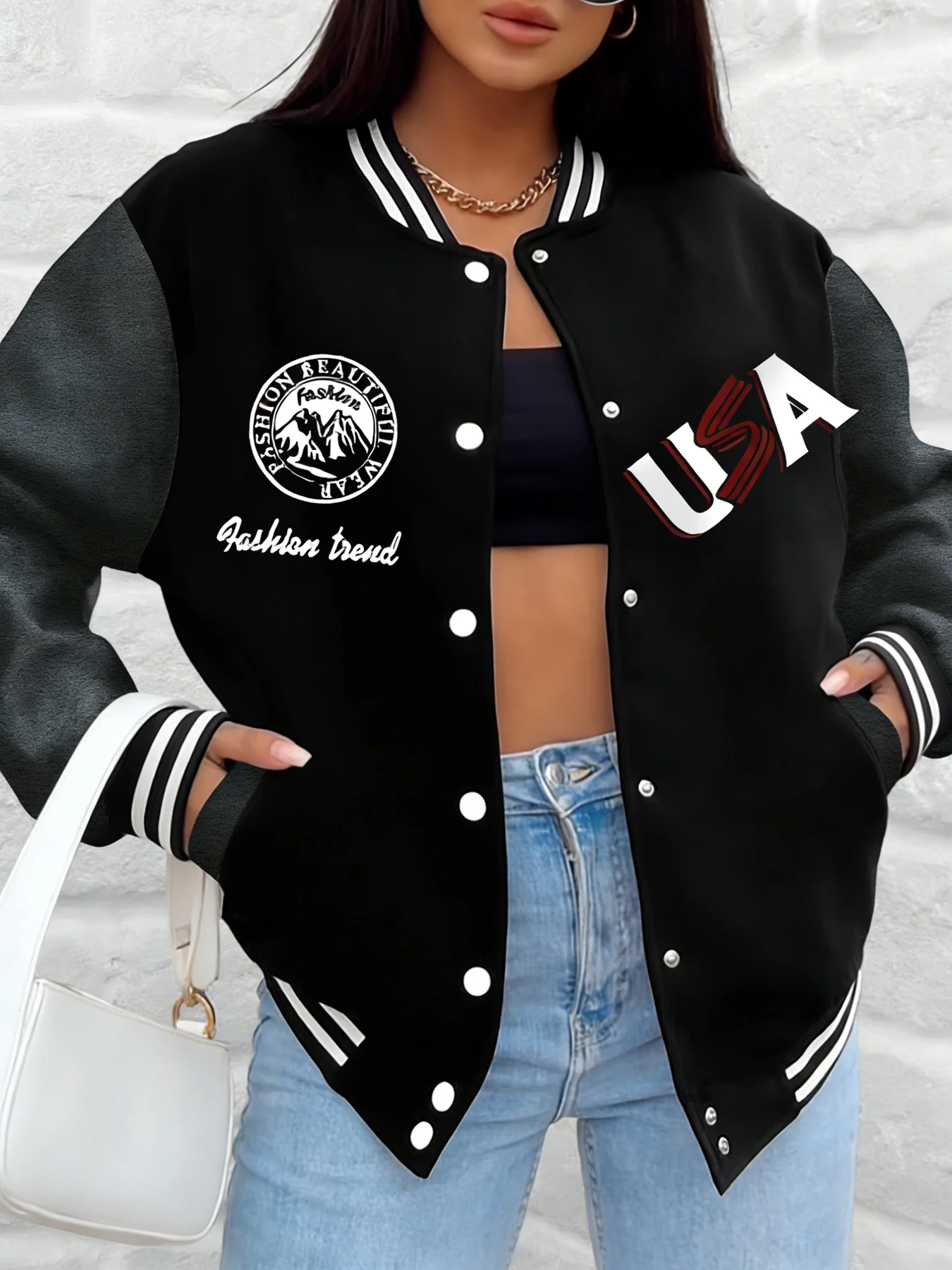 Women USA Print Mountain Logo Fashion Lettering Baseball Jackets Varsity Coats Loose Fit Outerwear Casual Street Daily Wear
Women USA Print Mountain Logo Fashion Lettering Baseball Jackets Varsity Coats Loose Fit Outerwear Casual Street Daily Wear