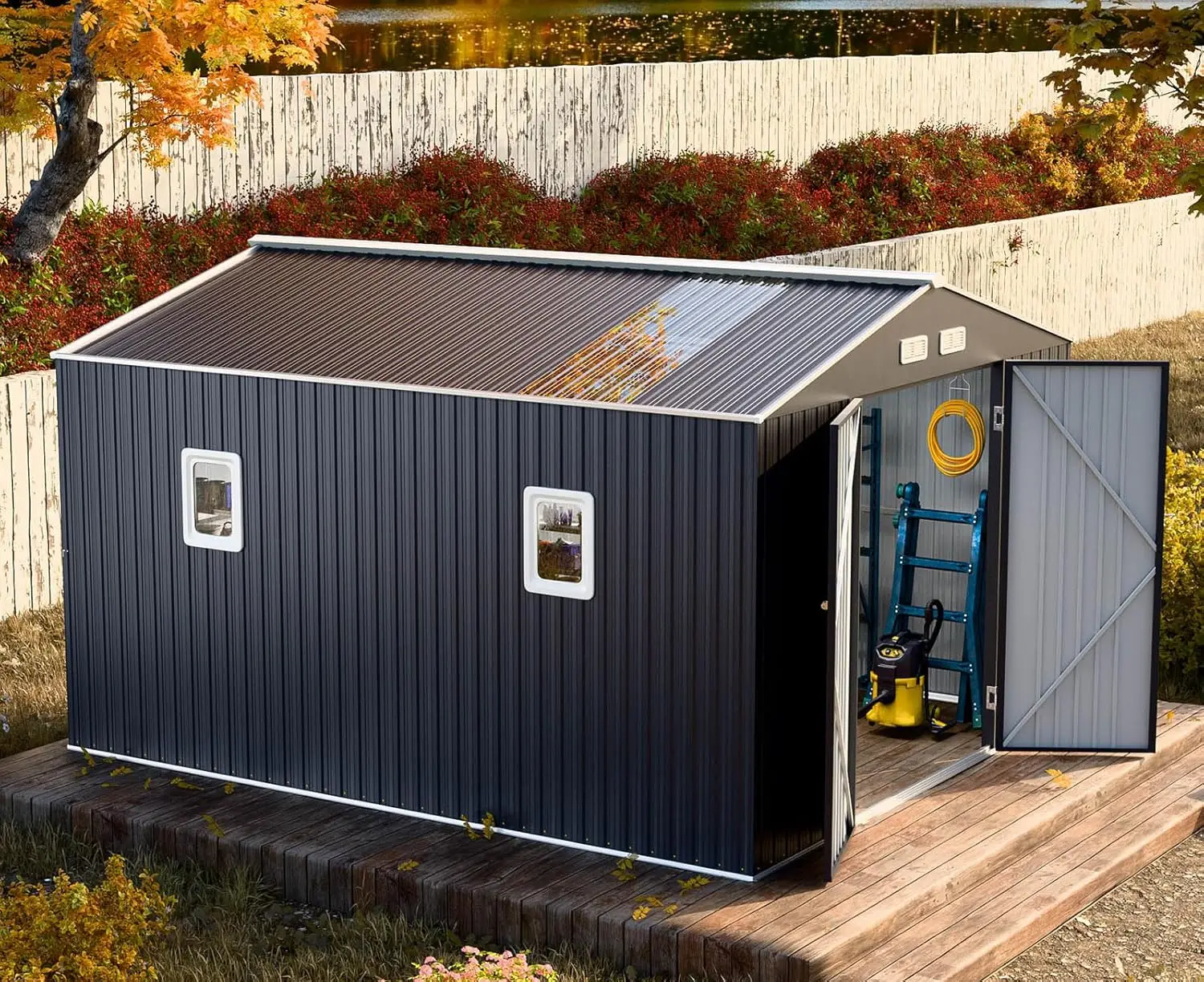 10x10 FT Outdoor Storage Shed with Unique Floor Base Clear Roof Window Lockable Double Door Vent Heavy Duty Reinforced Frame
10x10 FT Outdoor Storage Shed with Unique Floor Base Clear Roof Window Lockable Double Door Vent Heavy Duty Reinforced Frame