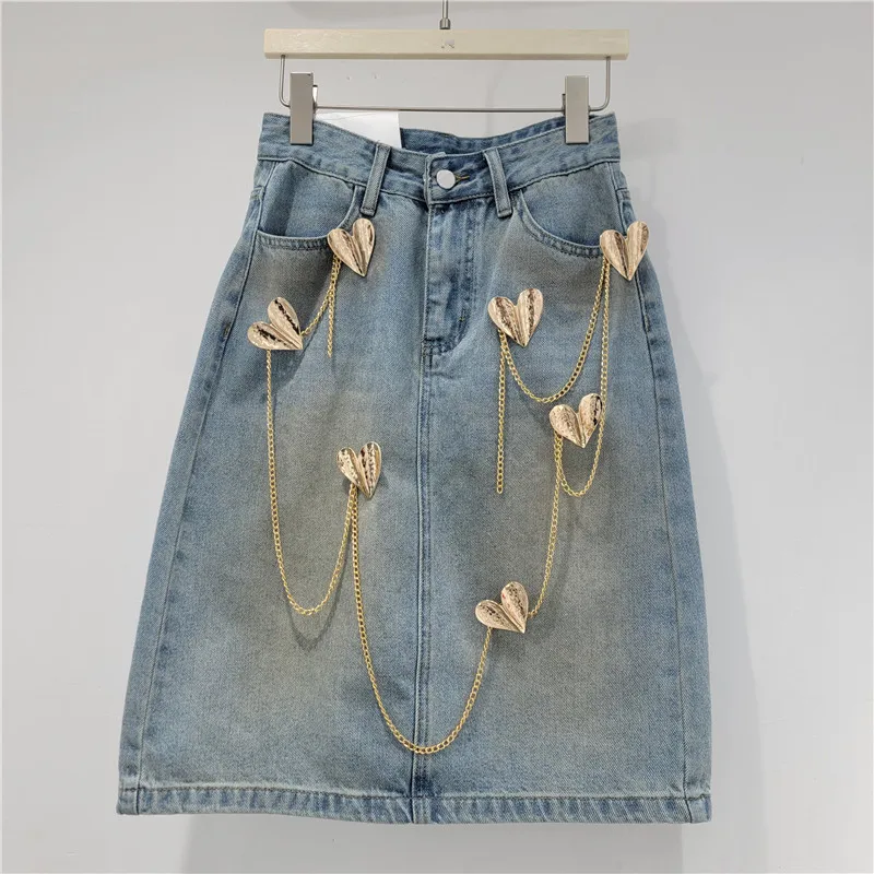 Minimalist Metal Heart High-waisted Washed Denim A-line Skirt - Slimming, Versatile, and Chic Jeans Midi Skirts for Women
Minimalist Metal Heart High-waisted Washed Denim A-line Skirt - Slimming, Versatile, and Chic Jeans Midi Skirts for Women