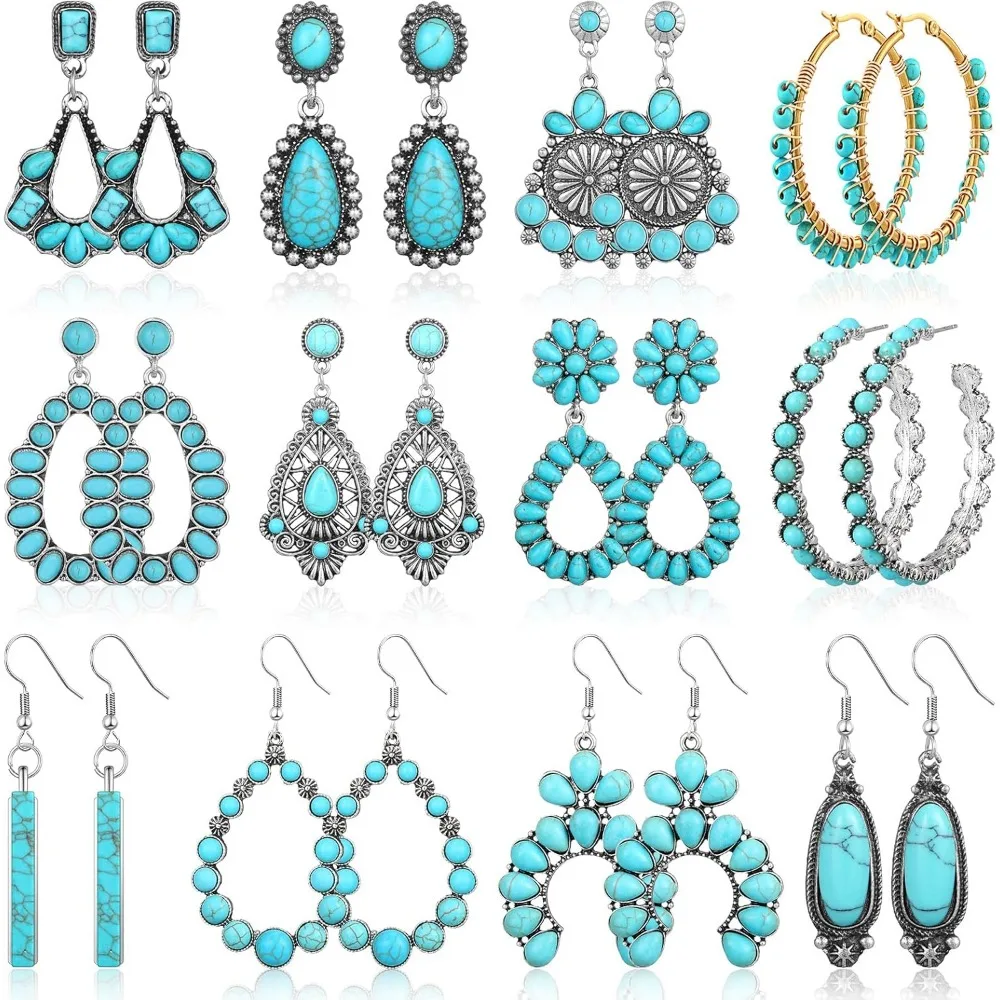 12 Pair Turquoise Earring Set Bohemian Dangle Stud Round Vintage Oval Metal Jewelry for Women
12 Pair Turquoise Earring Set Bohemian Dangle Stud Round Vintage Oval Metal Jewelry for Women