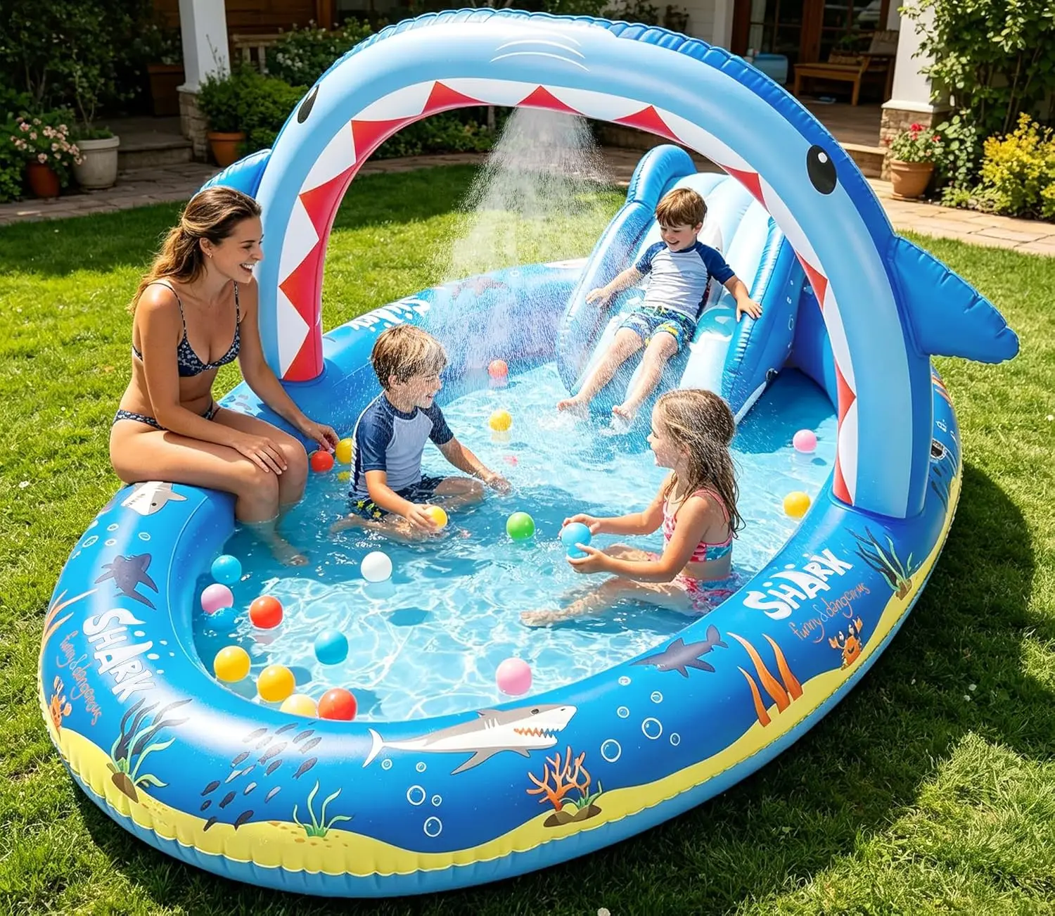 Inflatable Shark Splash Pad with Slide & Sprinkler, Kids Water Pool for Backyard 96''x59''x39''
Inflatable Shark Splash Pad with Slide & Sprinkler, Kids Water Pool for Backyard 96''x59''x39''