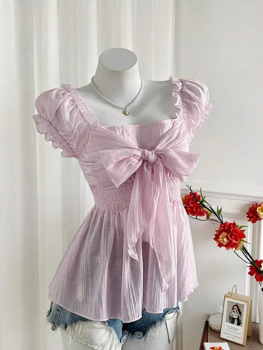 Pink Bowknot Ruched Chiffon Blouse with Puffed Sleeves for Women
Pink Bowknot Ruched Chiffon Blouse with Puffed Sleeves for Women