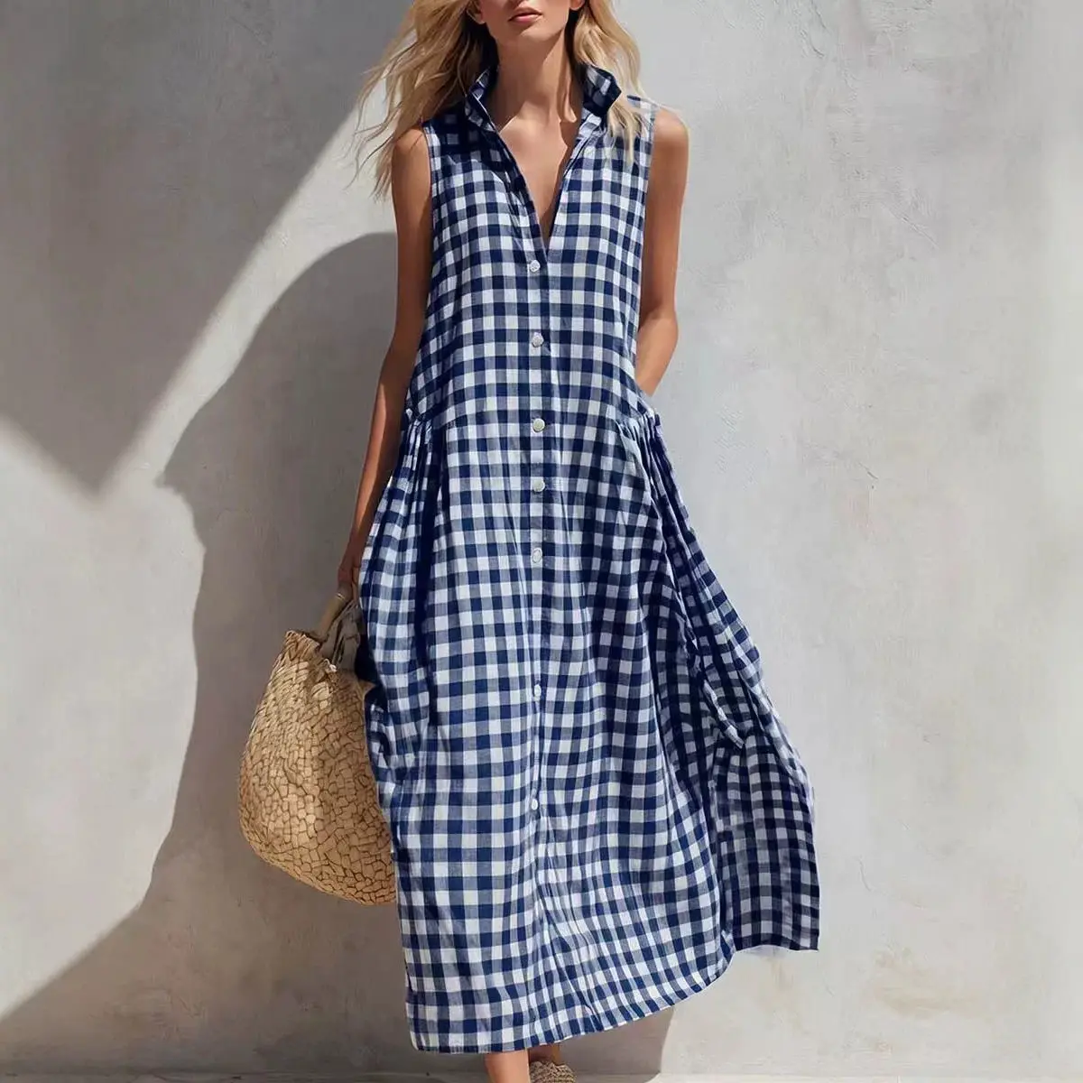 Plaid Sleeveless Dress Summer Women's Single-breasted Fashion Resort Style Seaside Loose Long Dress Ropa Mujer Roupas Feminina
Plaid Sleeveless Dress Summer Women's Single-breasted Fashion Resort Style Seaside Loose Long Dress Ropa Mujer Roupas Feminina