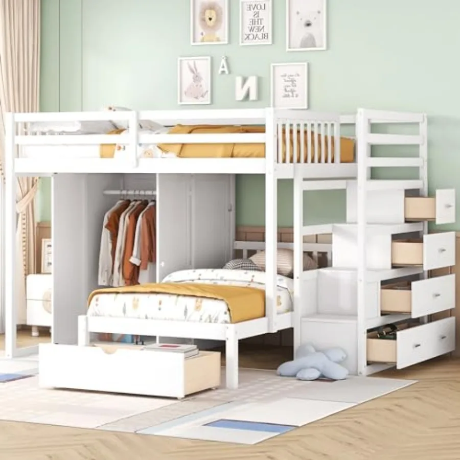 Bunk Bed with Safty Guardrail and Storage Stair, Wood Loft Bedframe W/Wardrobe and Drawers, Space-Saving Design, Easy Assembly,
Bunk Bed with Safty Guardrail and Storage Stair, Wood Loft Bedframe W/Wardrobe and Drawers, Space-Saving Design, Easy Assembly,