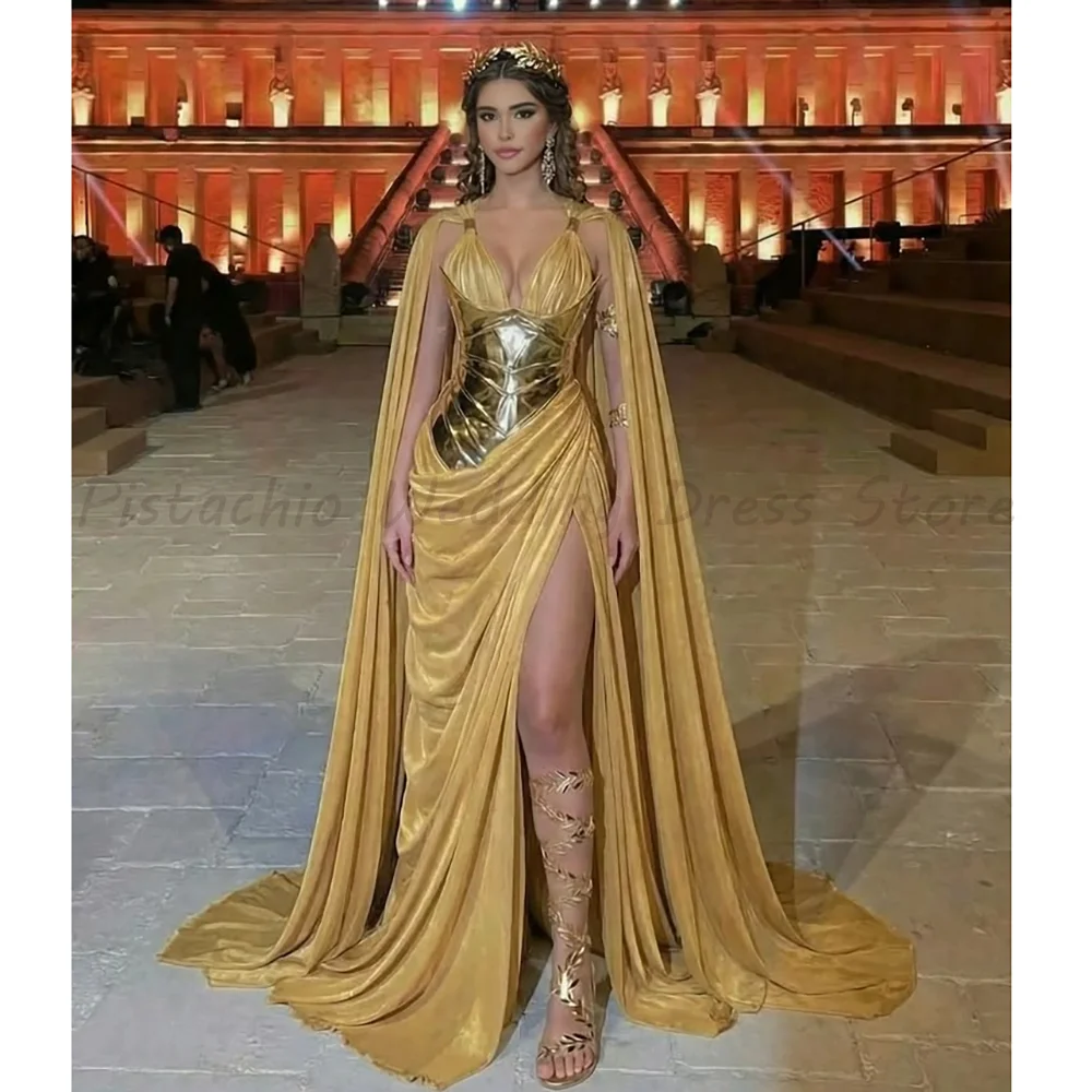 Gold Evening Dress Metal Corset High Split Draped Maxi Gown With Detachable Cape For Red Carpet
Gold Evening Dress Metal Corset High Split Draped Maxi Gown With Detachable Cape For Red Carpet