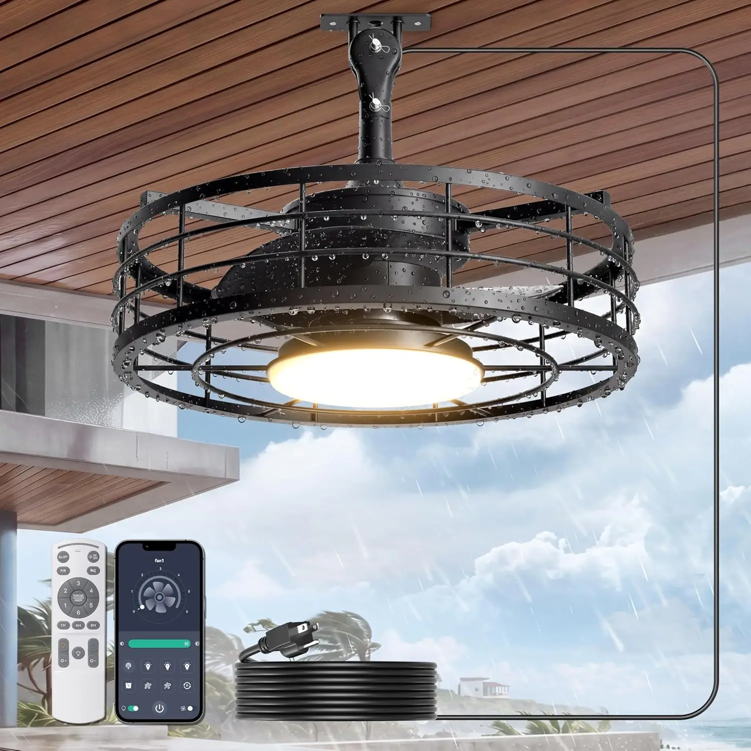 16-Inch Wet Rated Caged Ceiling Fan with Light, Remote and App Control, Plug and Play Hanging Fan for Covered Patio Porch, Black
16-Inch Wet Rated Caged Ceiling Fan with Light, Remote and App Control, Plug and Play Hanging Fan for Covered Patio Porch, Black