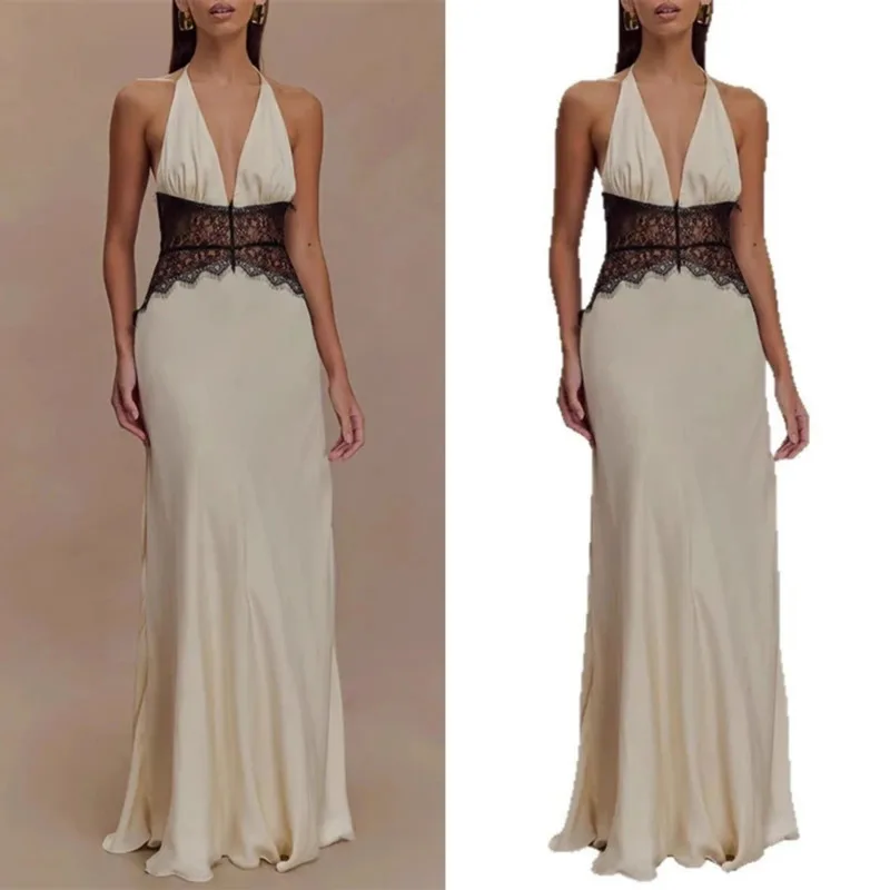 Mini Dresses Sexy Hollow Satin Dress 2025 Summer Cross-border Women's Clothing Romantic Lace Waist Hanging Neck Long Dress New
Mini Dresses Sexy Hollow Satin Dress 2025 Summer Cross-border Women's Clothing Romantic Lace Waist Hanging Neck Long Dress New