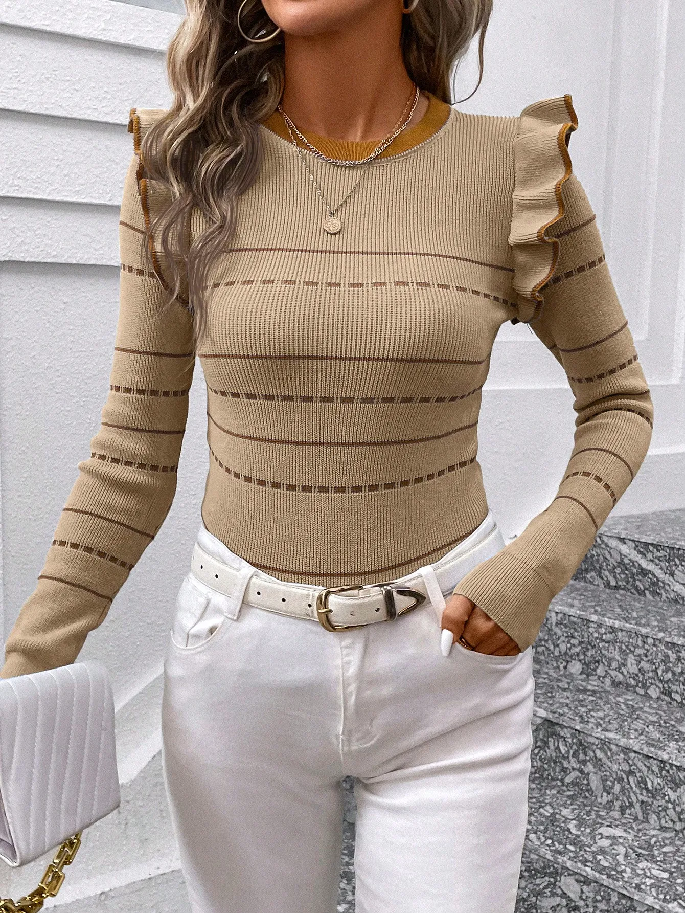 Elegant Ruffle Trim Striped Long Sleeve Pullover Sweater for Fall Winter
Elegant Ruffle Trim Striped Long Sleeve Pullover Sweater for Fall Winter