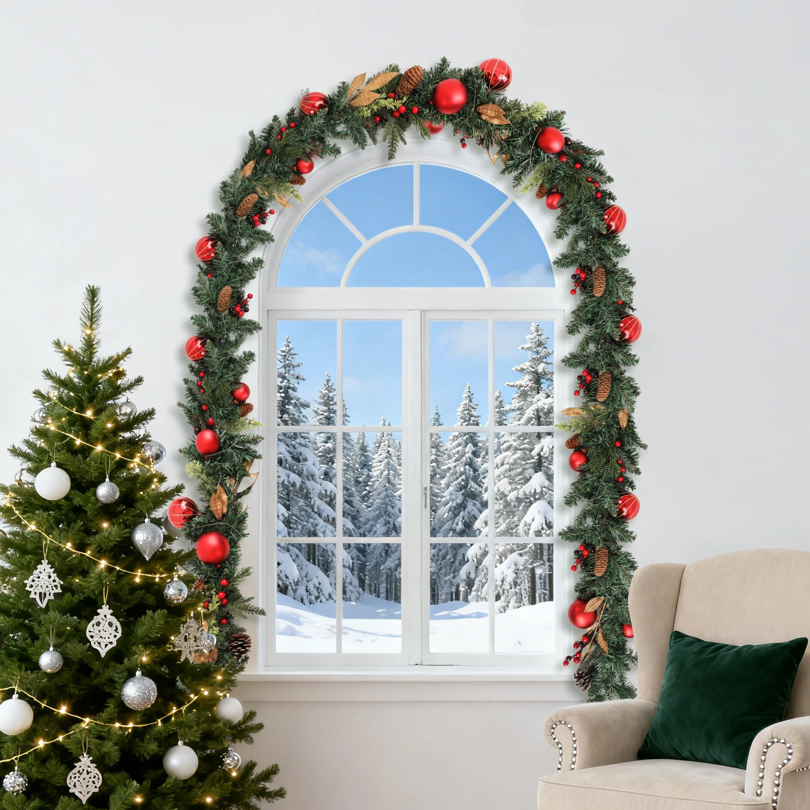 Create a Festive Glow 9ft Pre-Lit Christmas Garland with Battery Pack, 100 LEDs and Mixed Red Ornaments for Fireplace Staircas
Create a Festive Glow 9ft Pre-Lit Christmas Garland with Battery Pack, 100 LEDs and Mixed Red Ornaments for Fireplace Staircas