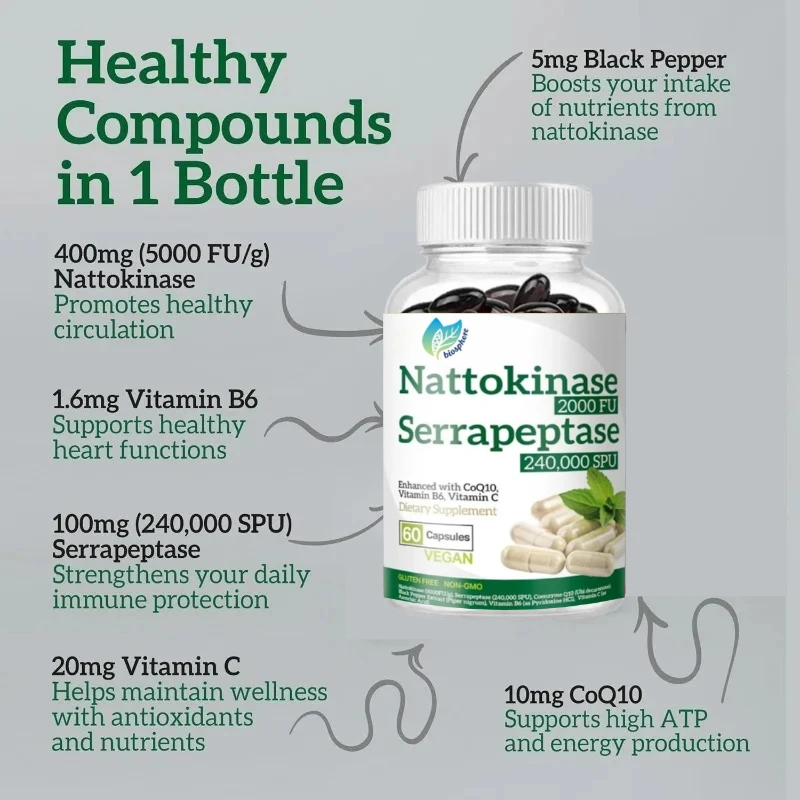 Nattokinase 2000 FU Serrapeptase 240000 SPU Supplement — коэнзим Q10, витамин B6, капсулы с экстрактом черного перца с витамином С
Nattokinase 2000 FU Serrapeptase 240000 SPU Supplement — коэнзим Q10, витамин B6, капсулы с экстрактом черного перца с витамином С