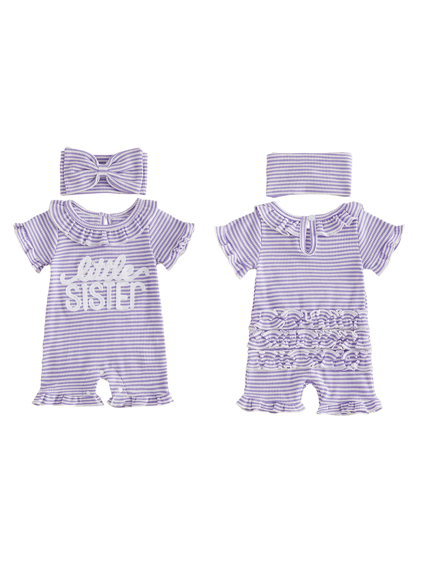 Infant Girls Short Sleeve Romper Set with Coordinating Bow Headband Striped Ruffle Detail Round Neckline and Letter
Infant Girls Short Sleeve Romper Set with Coordinating Bow Headband Striped Ruffle Detail Round Neckline and Letter