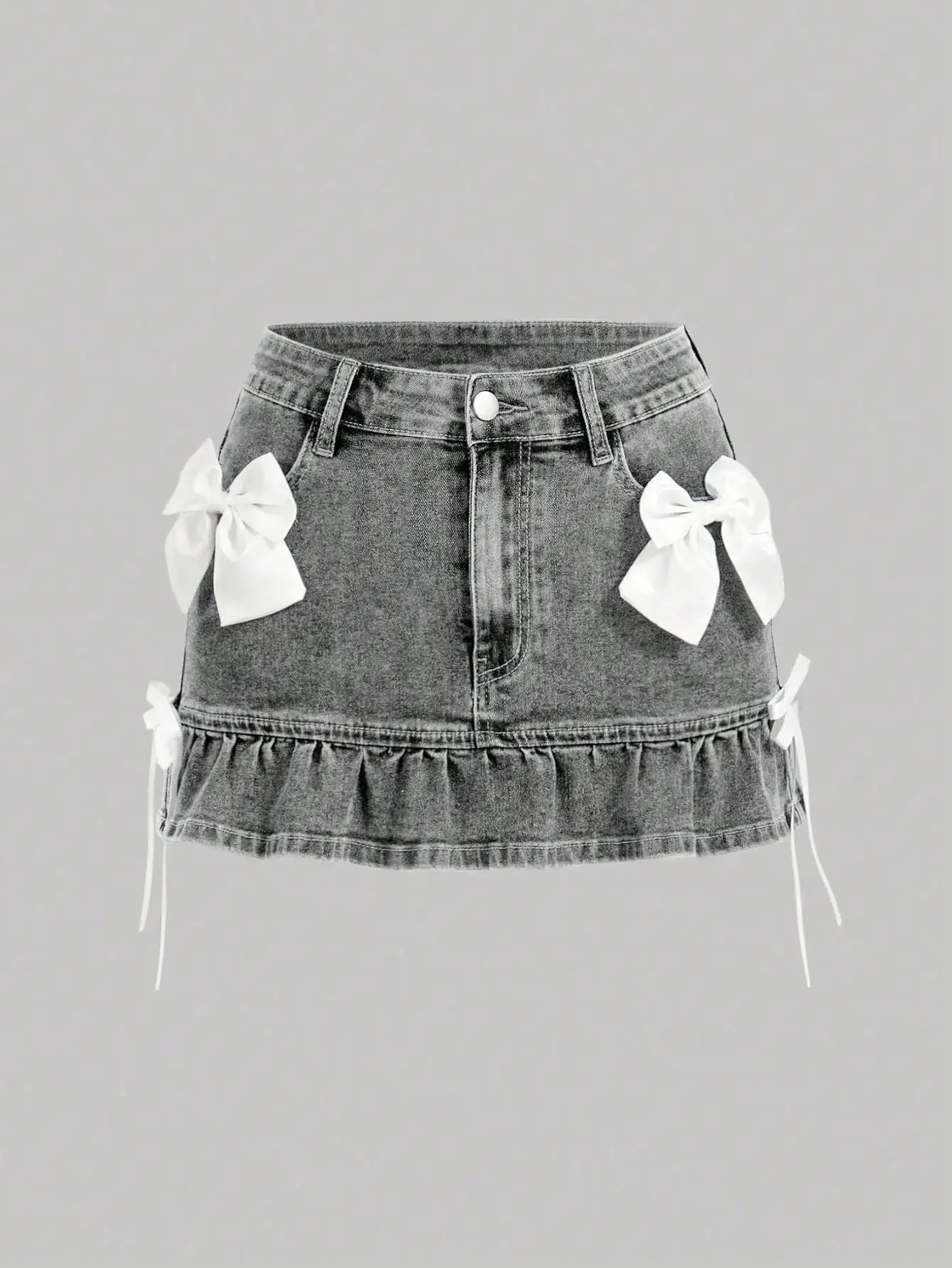 Women's Distressed Denim Mini Skirt with White Bow Decor and Ruffle Hem
Women's Distressed Denim Mini Skirt with White Bow Decor and Ruffle Hem