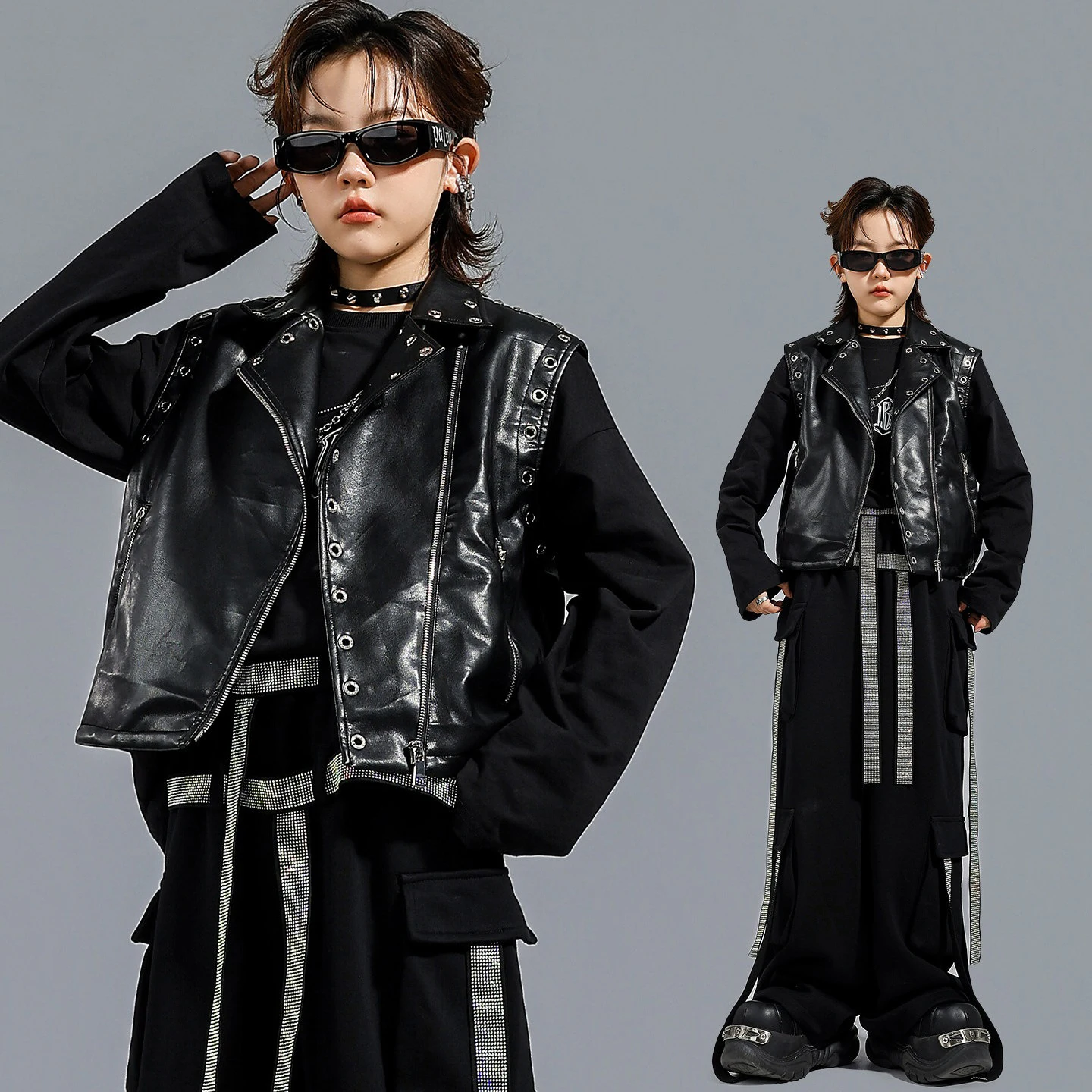Black Hip Hop Dance Clothes Black Leather Vest Tops Diamond Ribbons Cargo Pants Boys Girls Performance Outfit Stage Wear BL17917
Black Hip Hop Dance Clothes Black Leather Vest Tops Diamond Ribbons Cargo Pants Boys Girls Performance Outfit Stage Wear BL17917