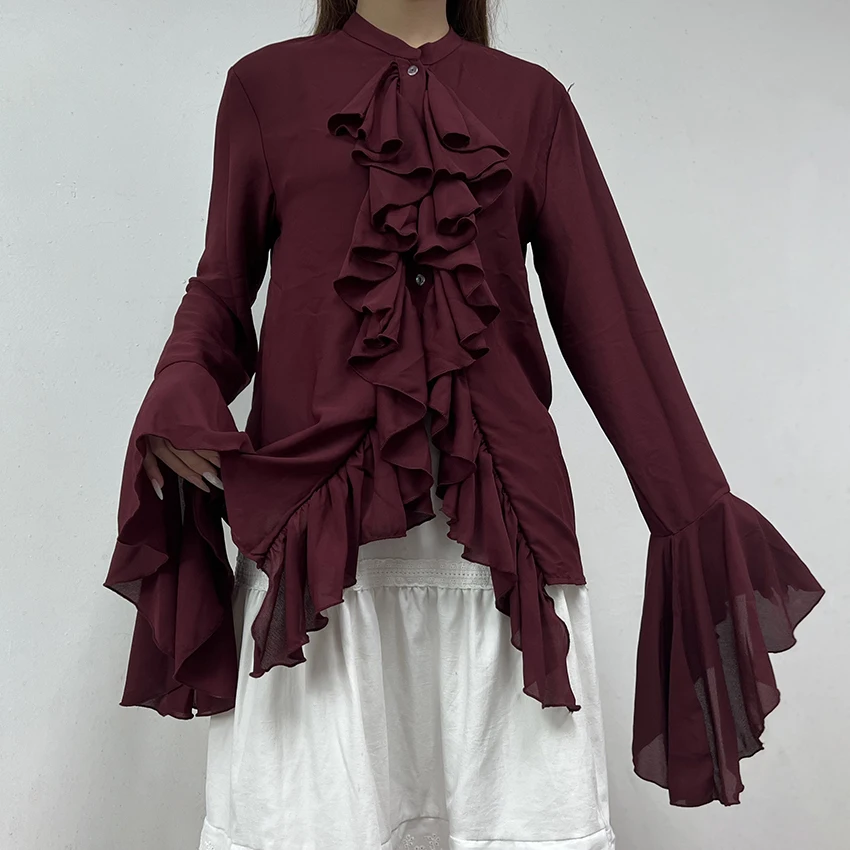 Ruffles Trim Casual Chiffon Shirts Blouse Women Autumn Street Flare Long Sleeve Loose Laminated Flounces Blouses And Tops 2025
Ruffles Trim Casual Chiffon Shirts Blouse Women Autumn Street Flare Long Sleeve Loose Laminated Flounces Blouses And Tops 2025