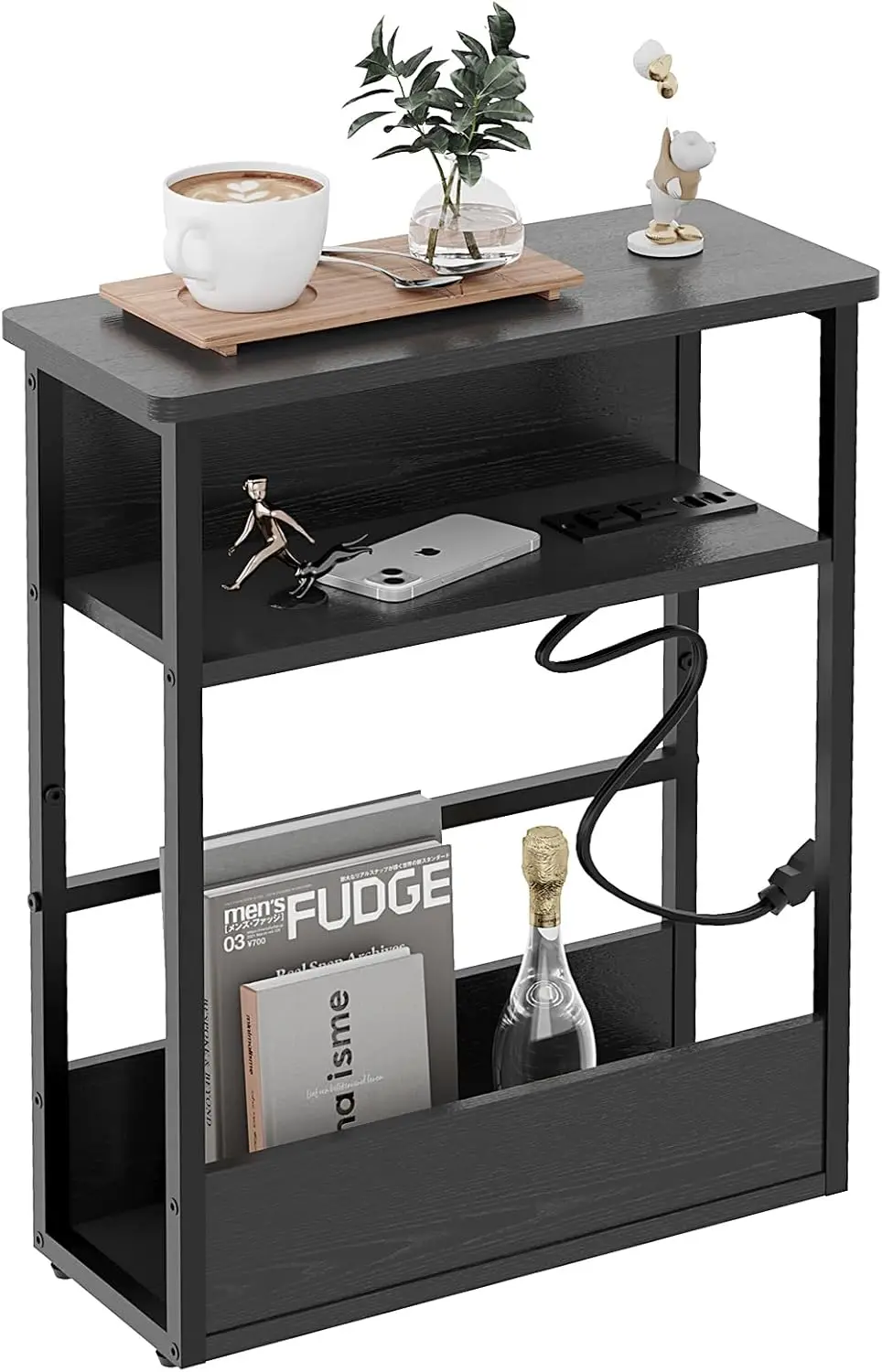 Slim 3-Tier End Table with Charging Station and Storage for Small Spaces, Black
Slim 3-Tier End Table with Charging Station and Storage for Small Spaces, Black