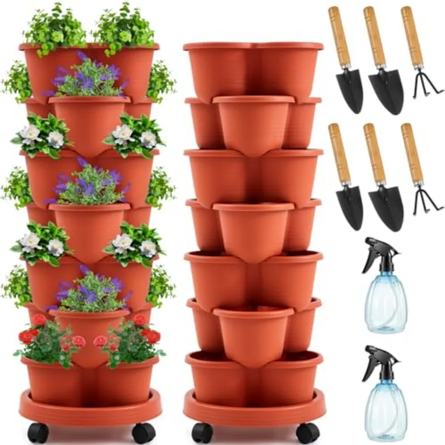 2 Set of 7 Tier Stackable Vertical Planters with Removable Wheels and Tools Tower for Indoor Outdoor Gardening Clay Red Pots fo
2 Set of 7 Tier Stackable Vertical Planters with Removable Wheels and Tools Tower for Indoor Outdoor Gardening Clay Red Pots fo