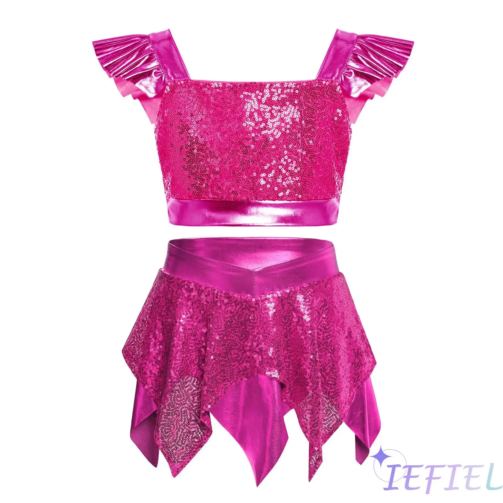 Child Girls Dance Stage Wear Square Collar Ruffled Sleeves Sequin Metallic Crop Top And Skirt for Jazz Ballet Dance Performance
Child Girls Dance Stage Wear Square Collar Ruffled Sleeves Sequin Metallic Crop Top And Skirt for Jazz Ballet Dance Performance