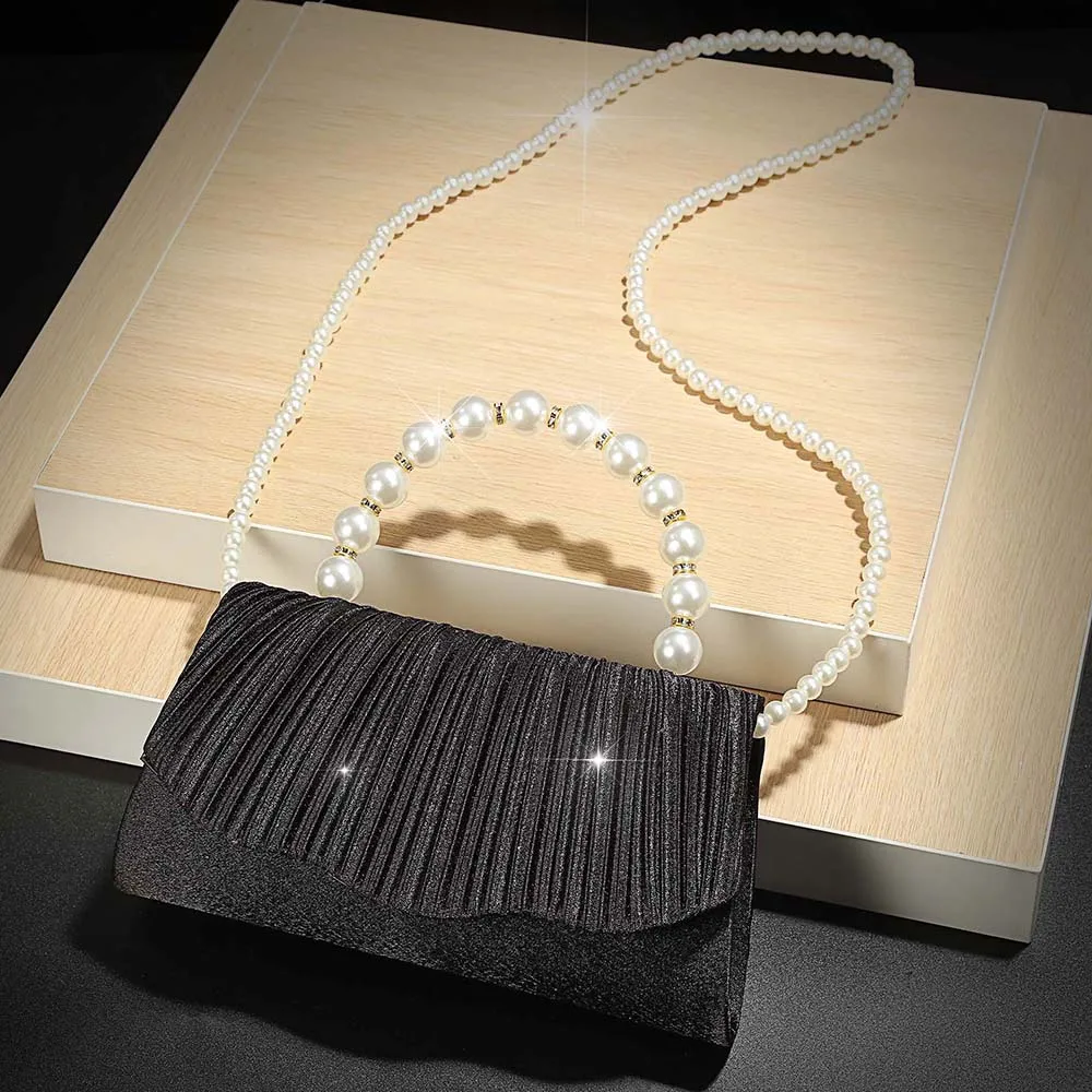 Pearl Beaded Handle Pleated Evening Clutch, Small Satin Handbag for Women Elegant Wedding Bridal Party Purse Crossbody
Pearl Beaded Handle Pleated Evening Clutch, Small Satin Handbag for Women Elegant Wedding Bridal Party Purse Crossbody
