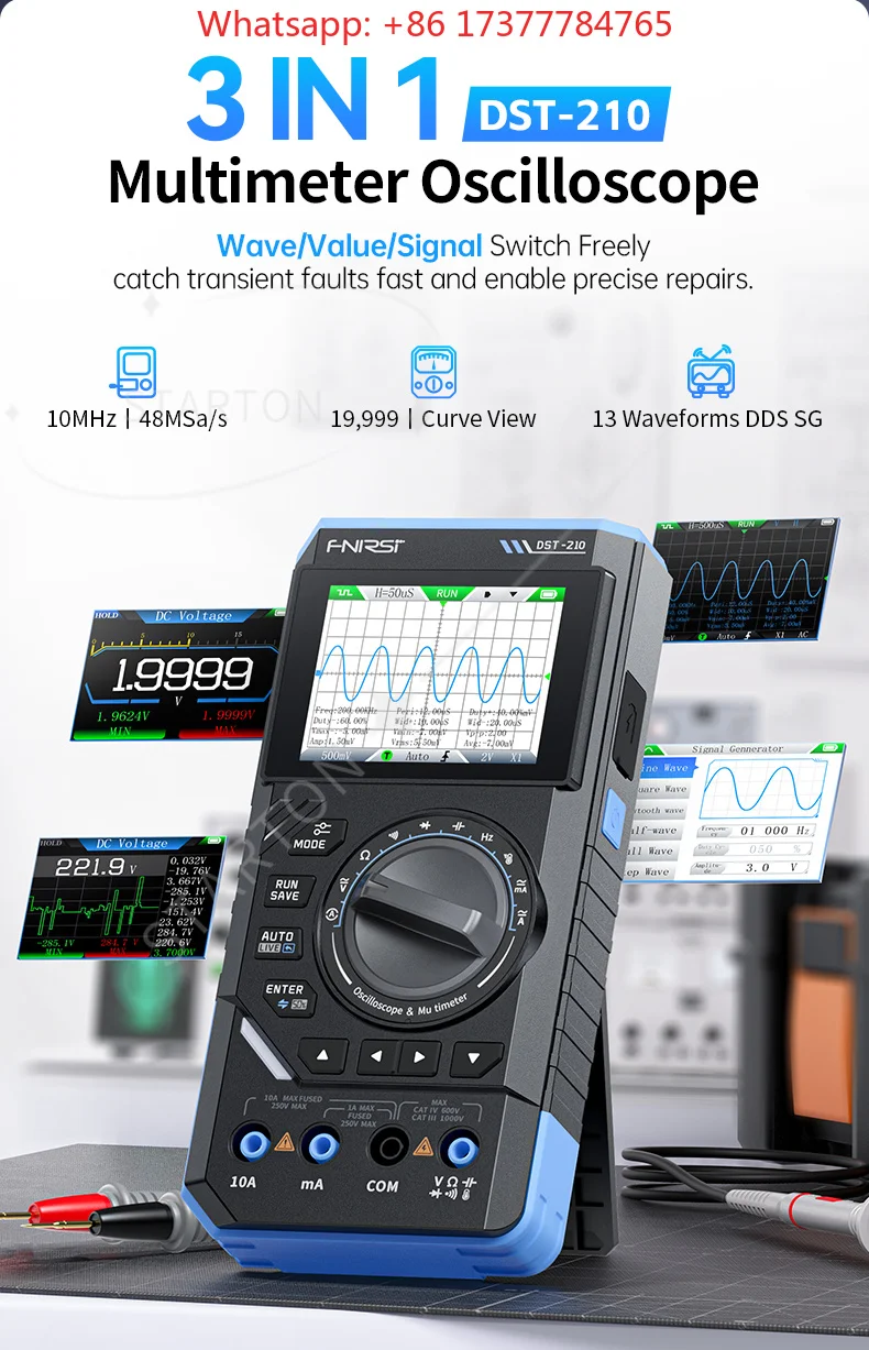 19999 Counts 10MHz/1MHz Portable Electrician Tool DST-210 DST-201 3IN1 Digital Multimeter OscilloscopeSource
19999 Counts 10MHz/1MHz Portable Electrician Tool DST-210 DST-201 3IN1 Digital Multimeter OscilloscopeSource