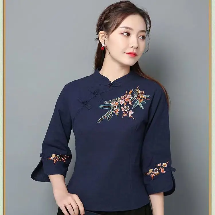 Ethnic Retro Cotton and Linen Embroidered Three-quarter Sleeve for Women Stand-up Collar Chinese Casual Button-up Tea Shirts
Ethnic Retro Cotton and Linen Embroidered Three-quarter Sleeve for Women Stand-up Collar Chinese Casual Button-up Tea Shirts