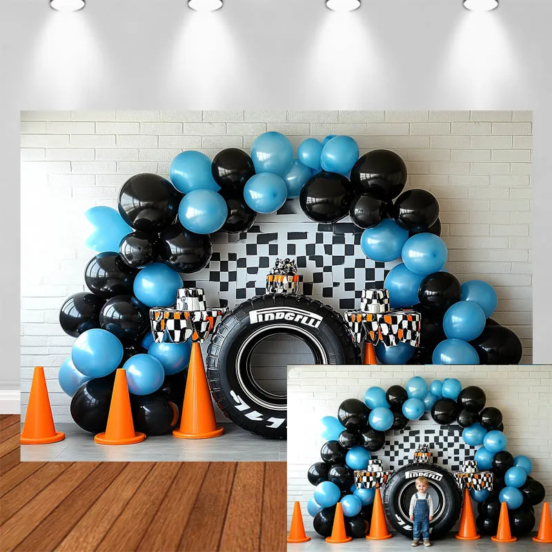 LS Photography Background Racing Theme Arch Balloon Inflatable Tire Sign Decor Cake Smash Birthday Kids Portrait Photo Backdrop