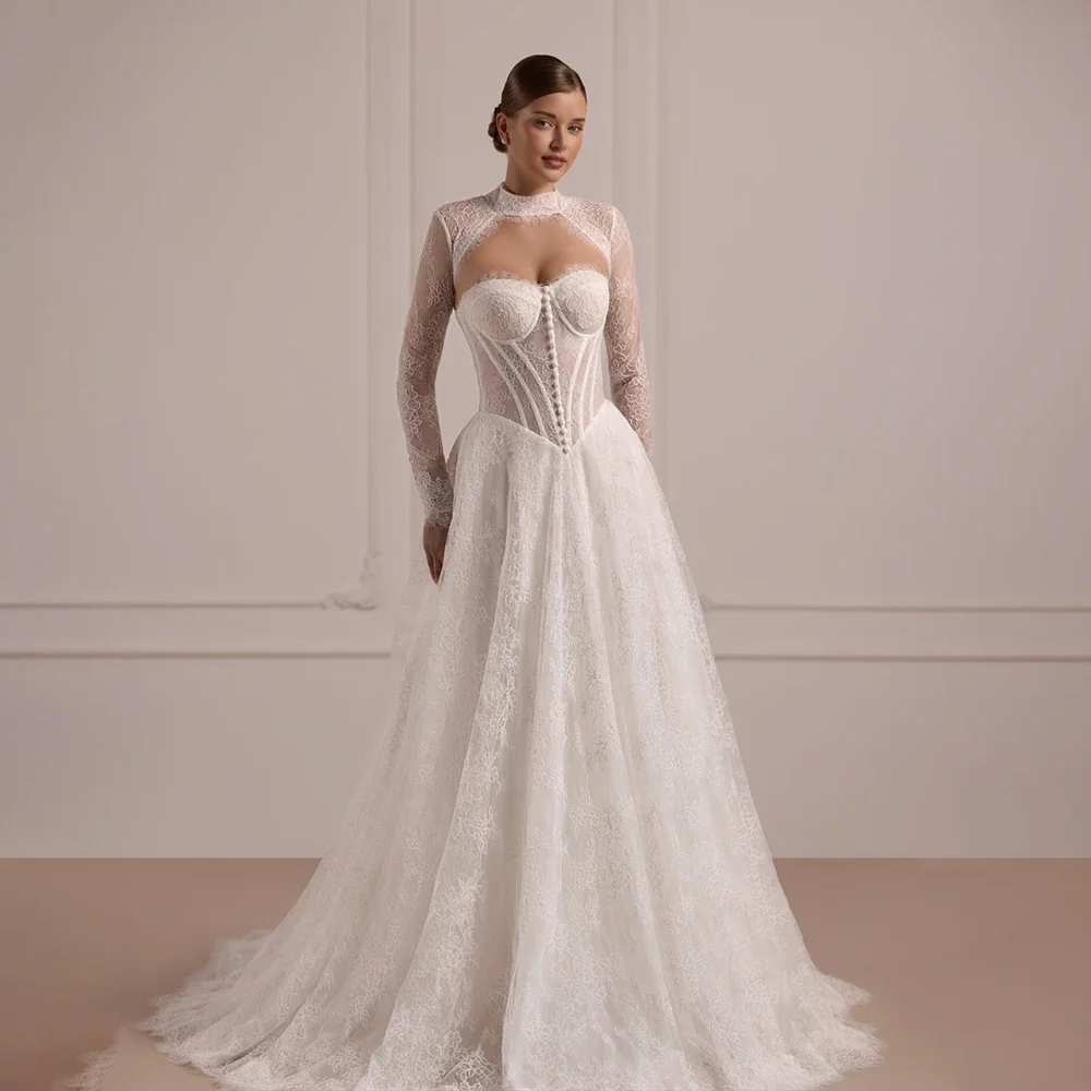 Elegant A-Line Bridal Gown Lace Long Sleeve Wedding Dress with Train Backless Weddings Dresses For Brides vestido de novia
Elegant A-Line Bridal Gown Lace Long Sleeve Wedding Dress with Train Backless Weddings Dresses For Brides vestido de novia