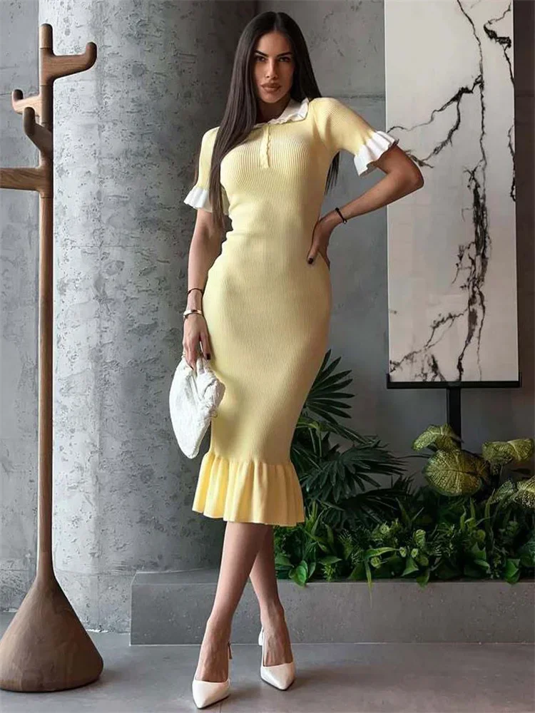 Fashion Ruffled Knitwear Long Dress For Women High Waist Contrast Short Sleeve Ribbed Slim Dress Knit Elegant Party Dress
Fashion Ruffled Knitwear Long Dress For Women High Waist Contrast Short Sleeve Ribbed Slim Dress Knit Elegant Party Dress