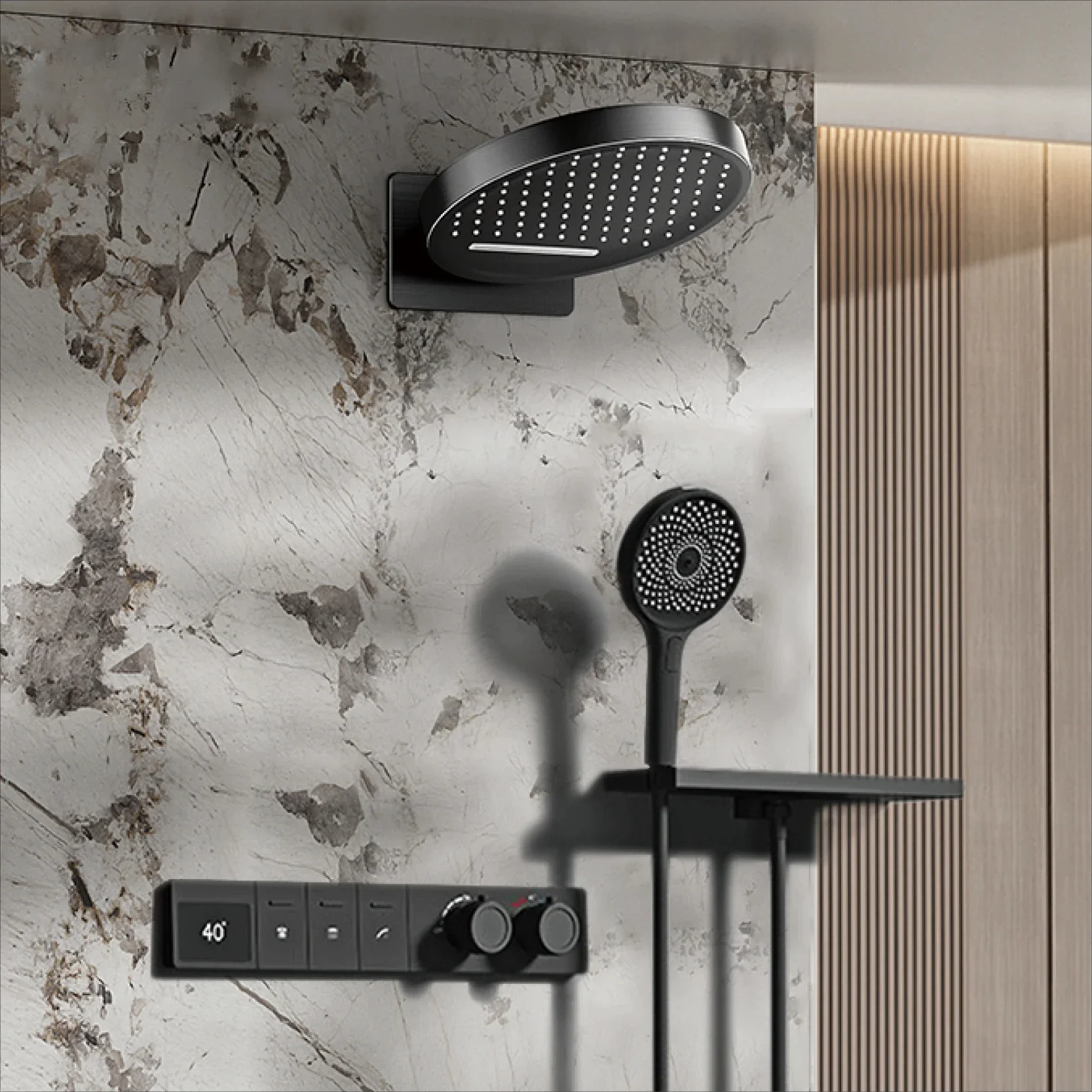 Luxury brass black wall mounted shower system Wall mounted Design Hot&Cold water LED digital display 3-function bathroom Mixer
Luxury brass black wall mounted shower system Wall mounted Design Hot&Cold water LED digital display 3-function bathroom Mixer